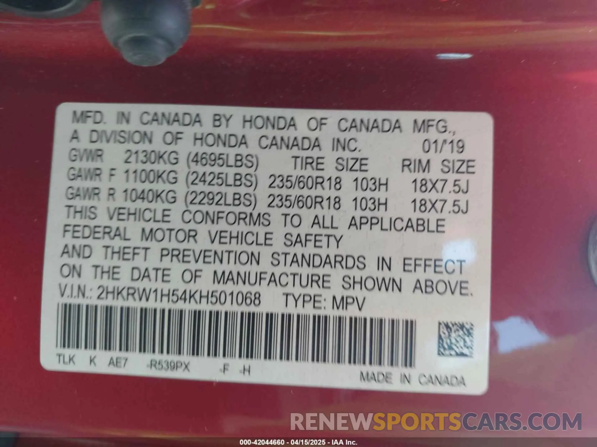 6 Photograph of a damaged car 2HKRW1H54KH501068 HONDA CR-V 2019