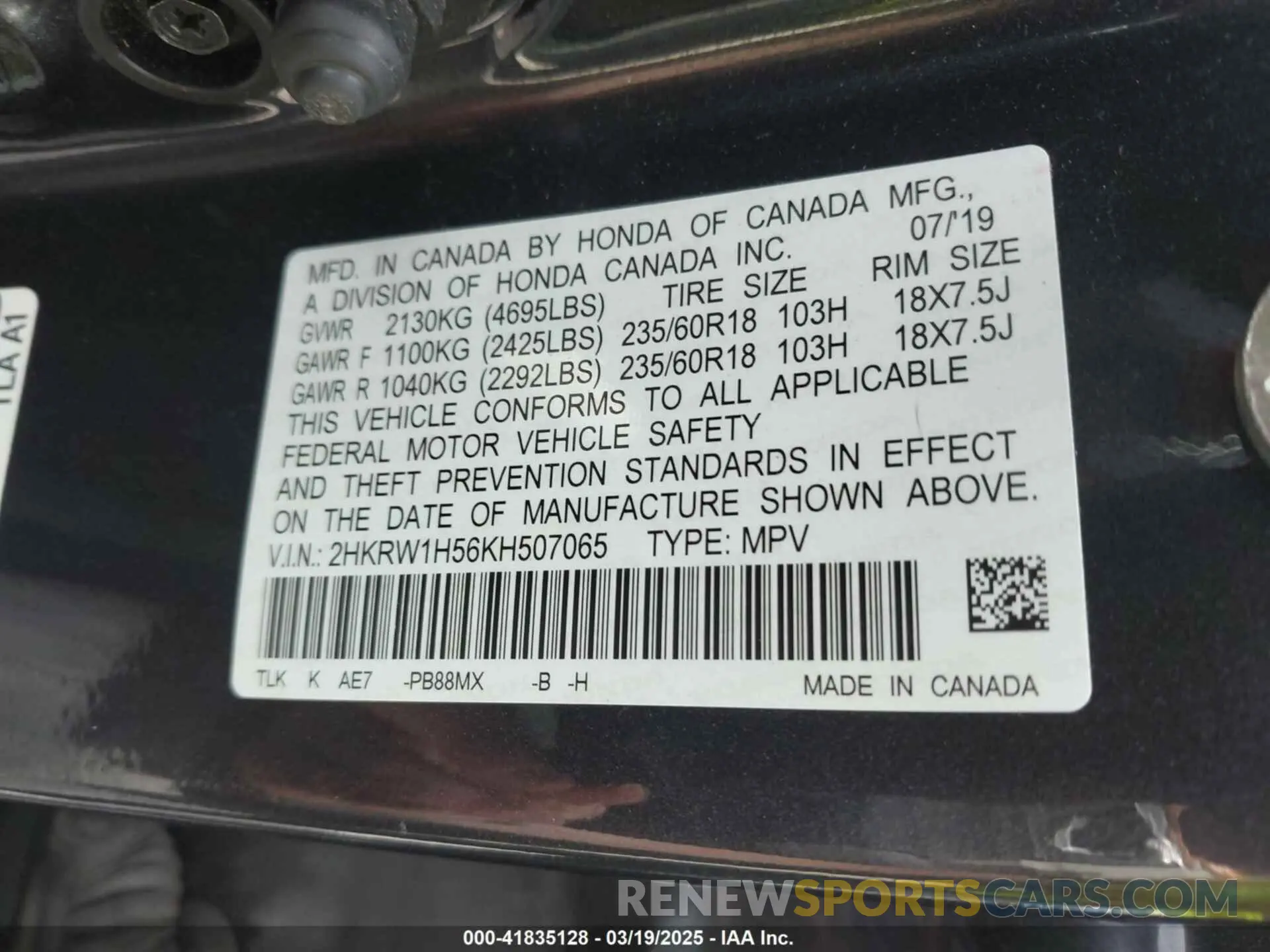 9 Photograph of a damaged car 2HKRW1H56KH507065 HONDA CR-V 2019