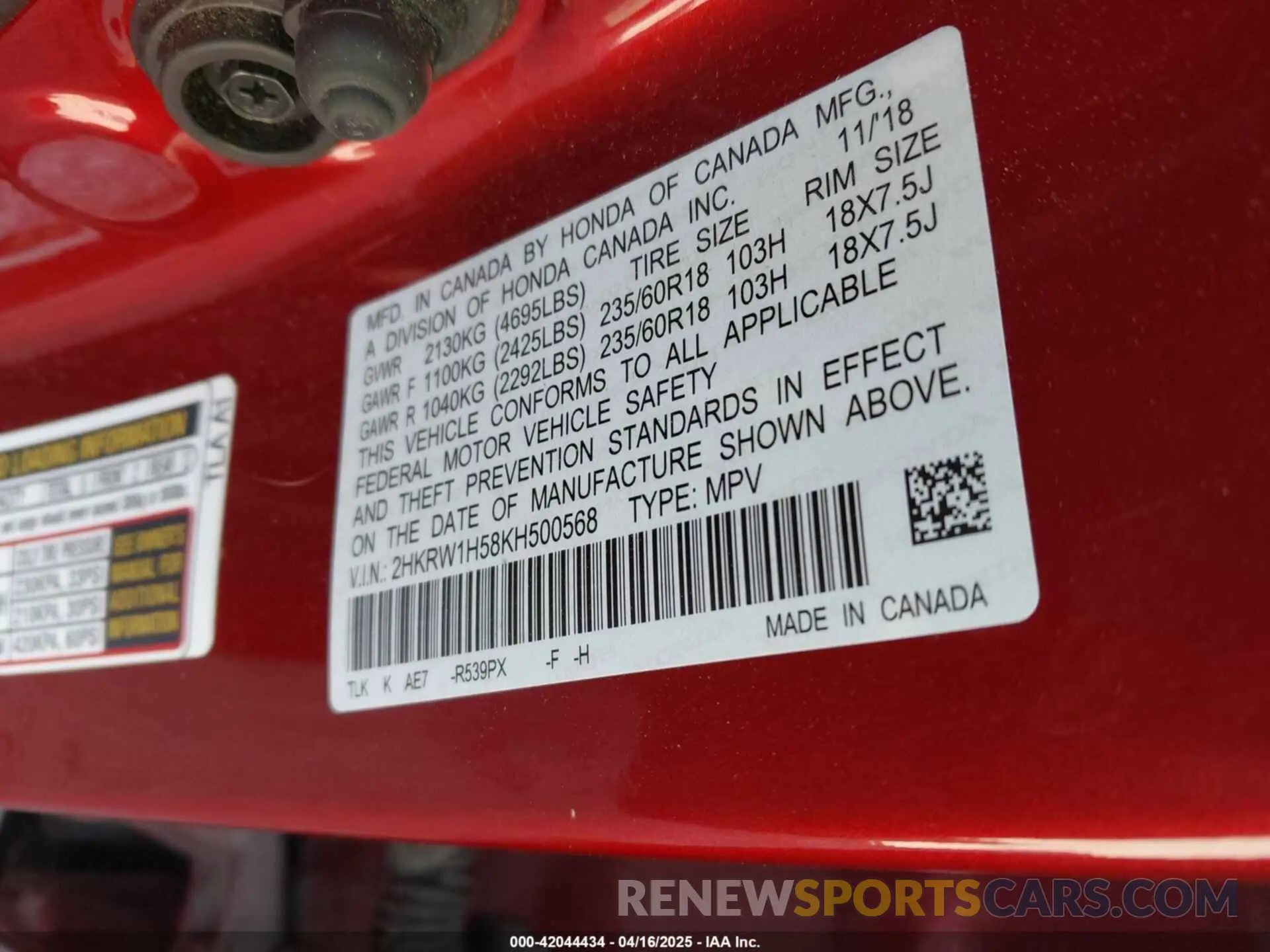 9 Photograph of a damaged car 2HKRW1H58KH500568 HONDA CR-V 2019