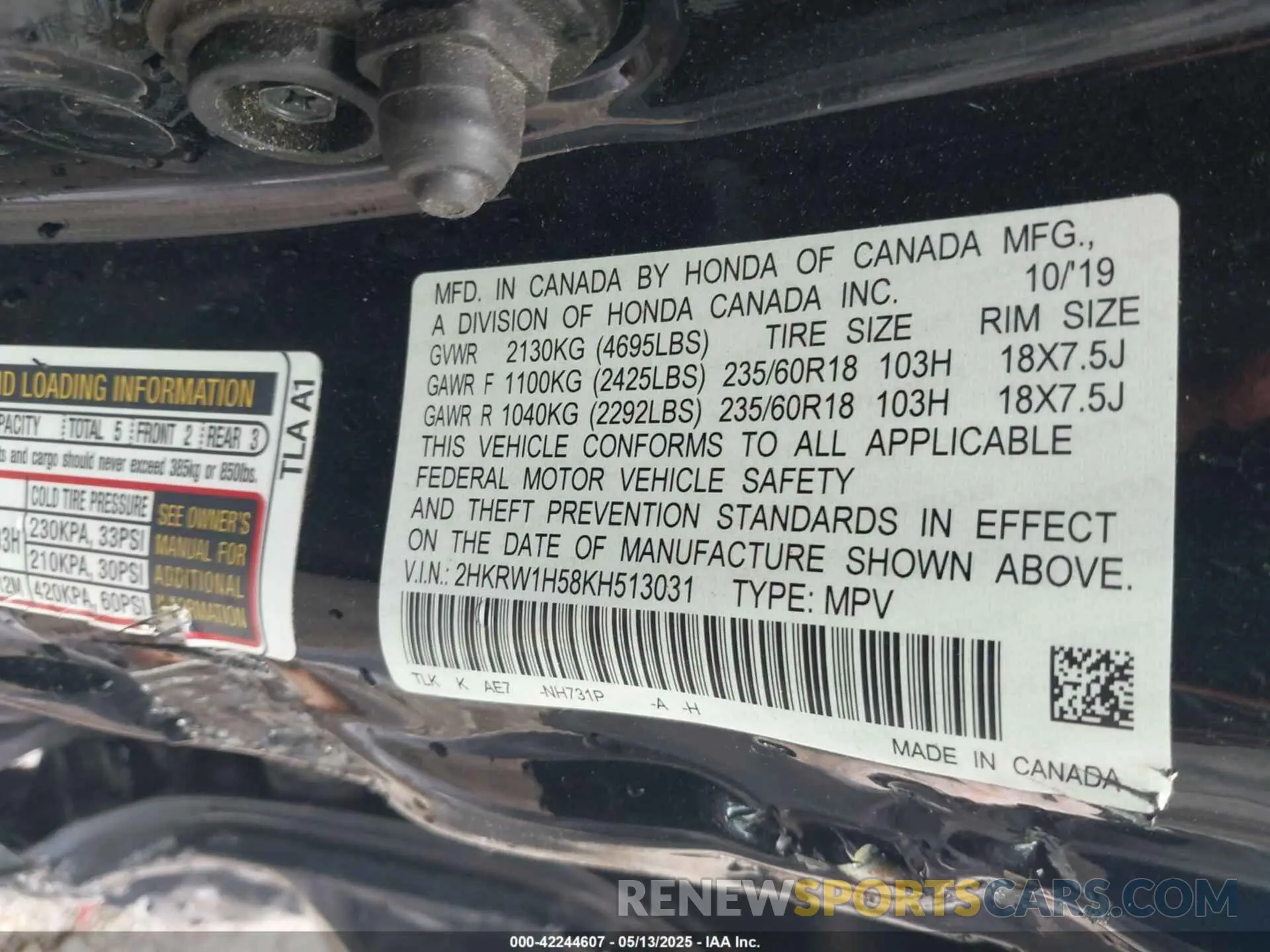 9 Photograph of a damaged car 2HKRW1H58KH513031 HONDA CR-V 2019