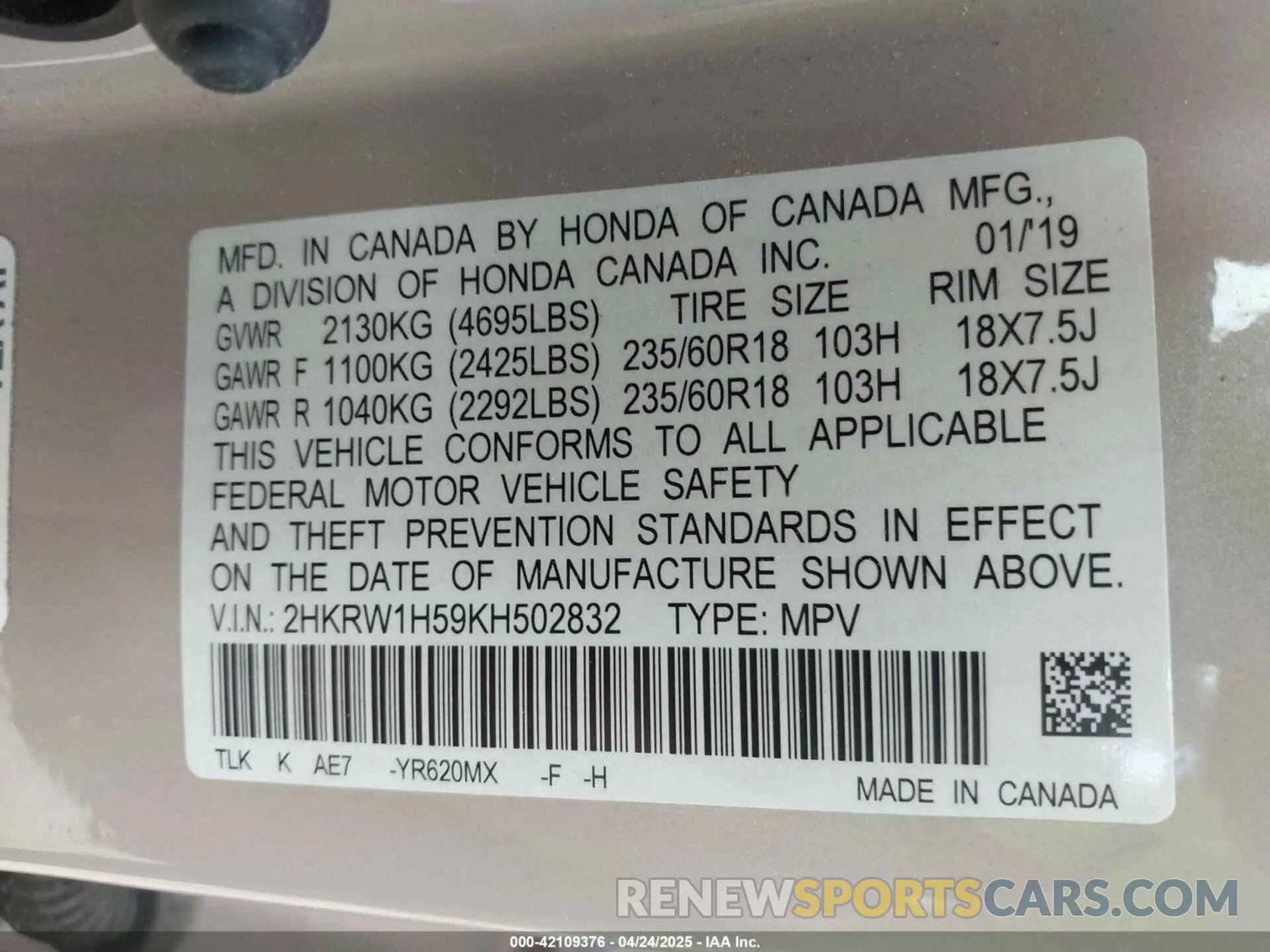 9 Photograph of a damaged car 2HKRW1H59KH502832 HONDA CR-V 2019