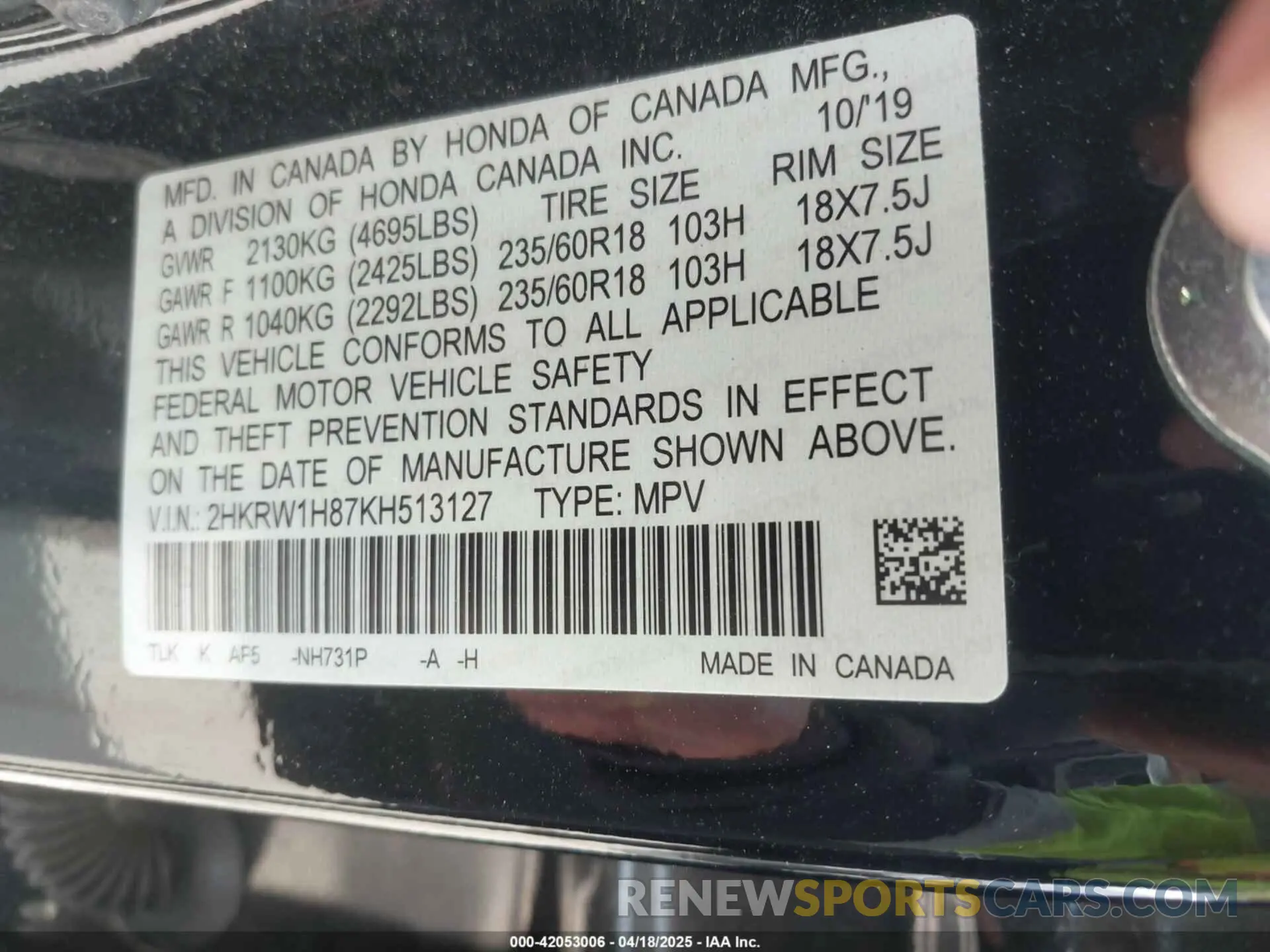 9 Photograph of a damaged car 2HKRW1H87KH513127 HONDA CR-V 2019