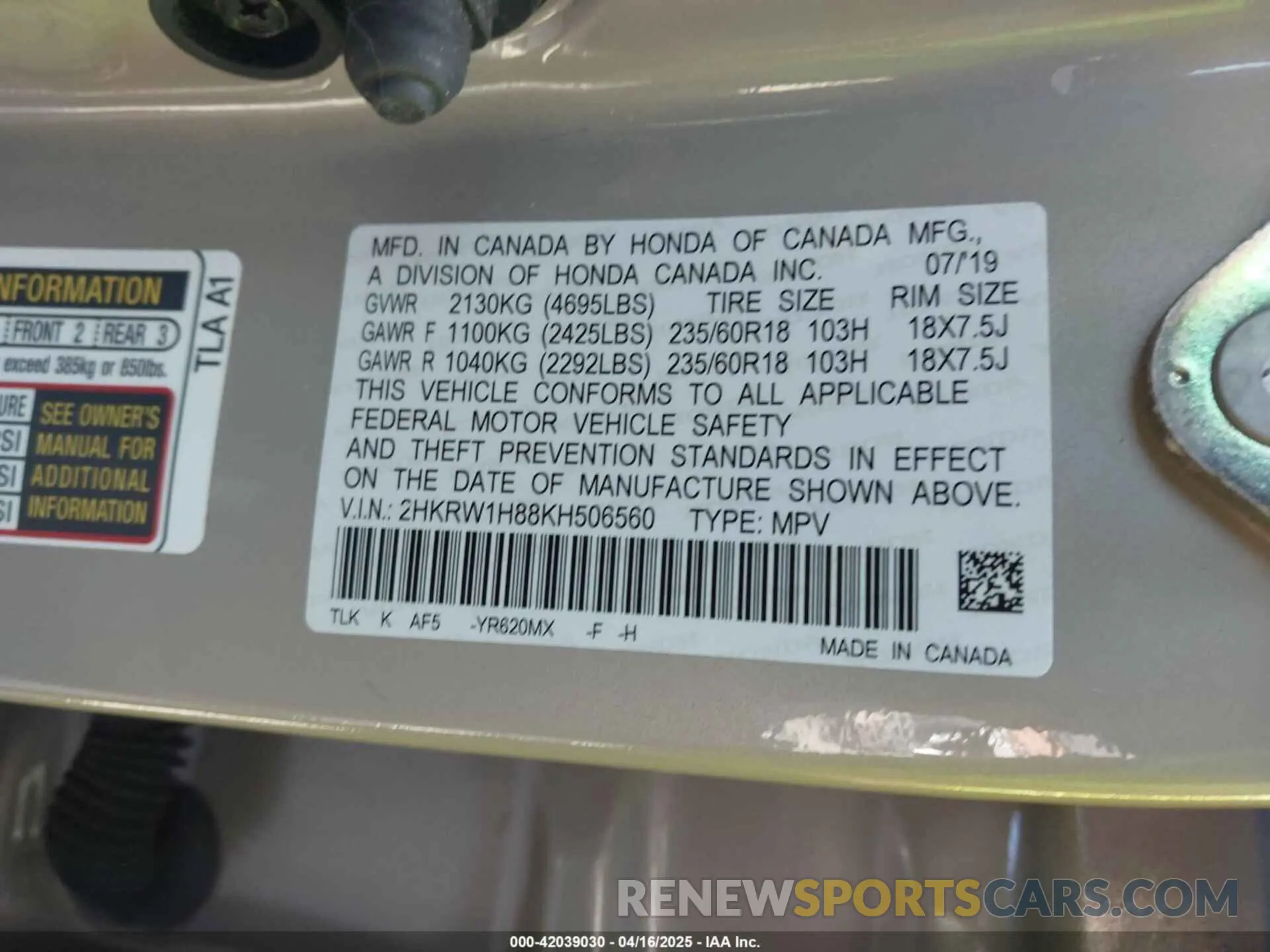 9 Photograph of a damaged car 2HKRW1H88KH506560 HONDA CR-V 2019