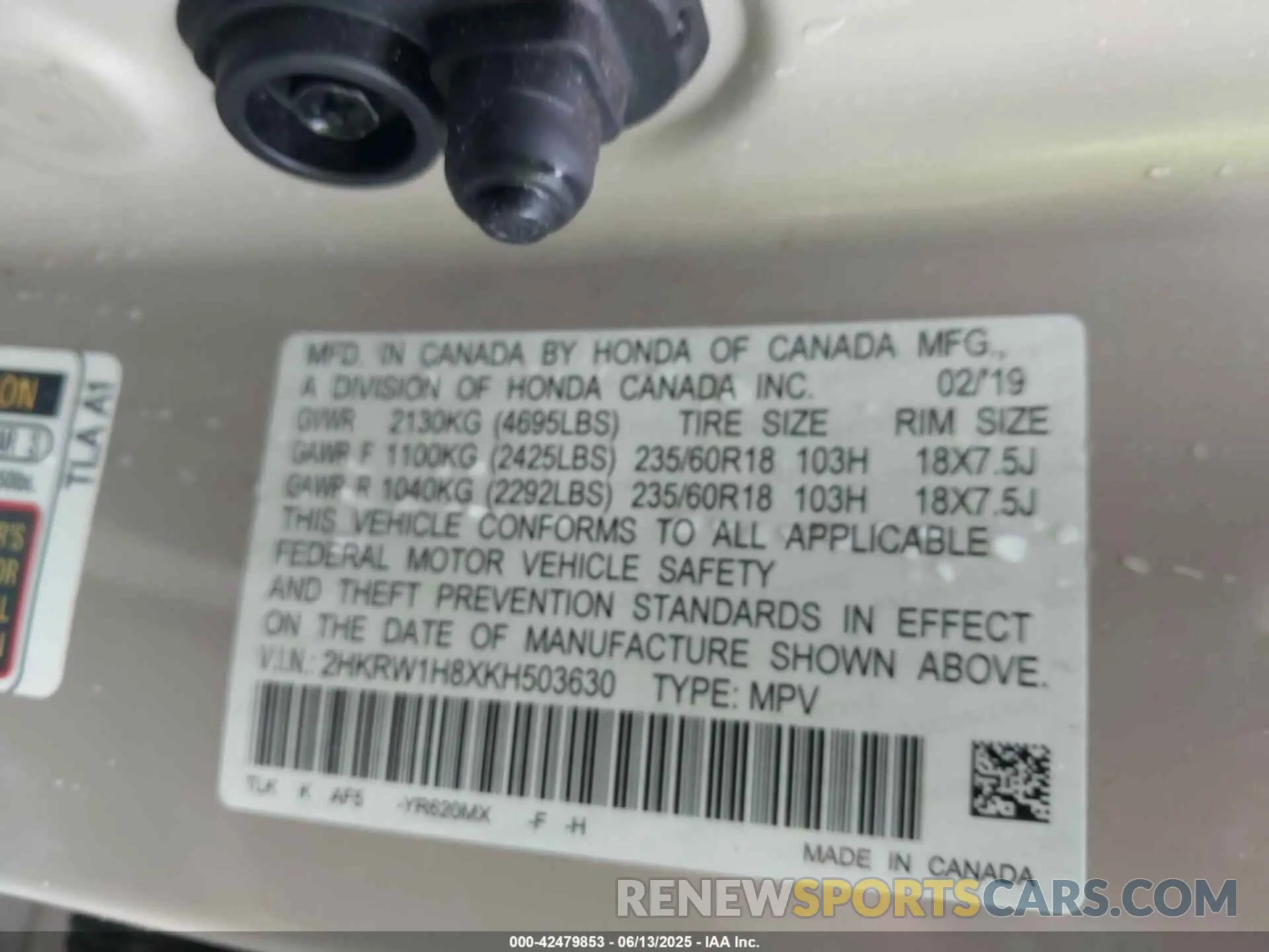 9 Photograph of a damaged car 2HKRW1H8XKH503630 HONDA CR-V 2019