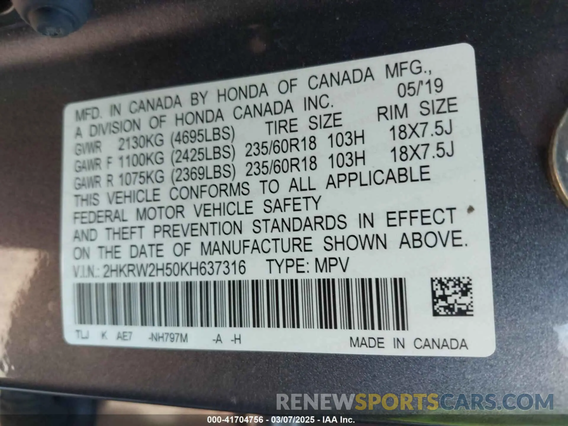 9 Photograph of a damaged car 2HKRW2H50KH637316 HONDA CR-V 2019