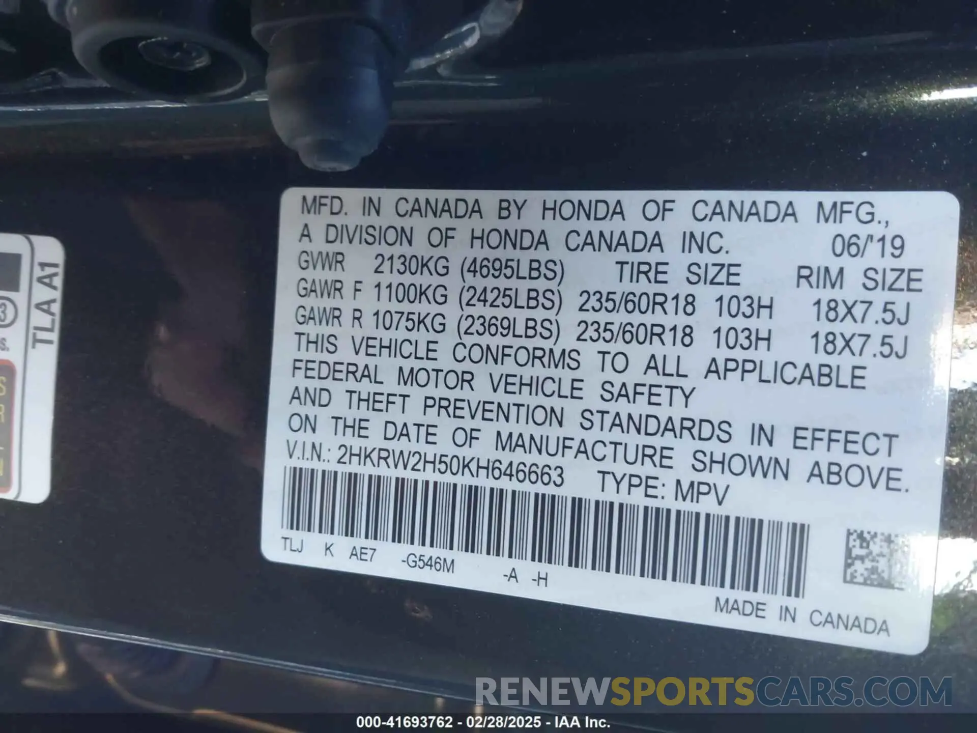 9 Photograph of a damaged car 2HKRW2H50KH646663 HONDA CR-V 2019