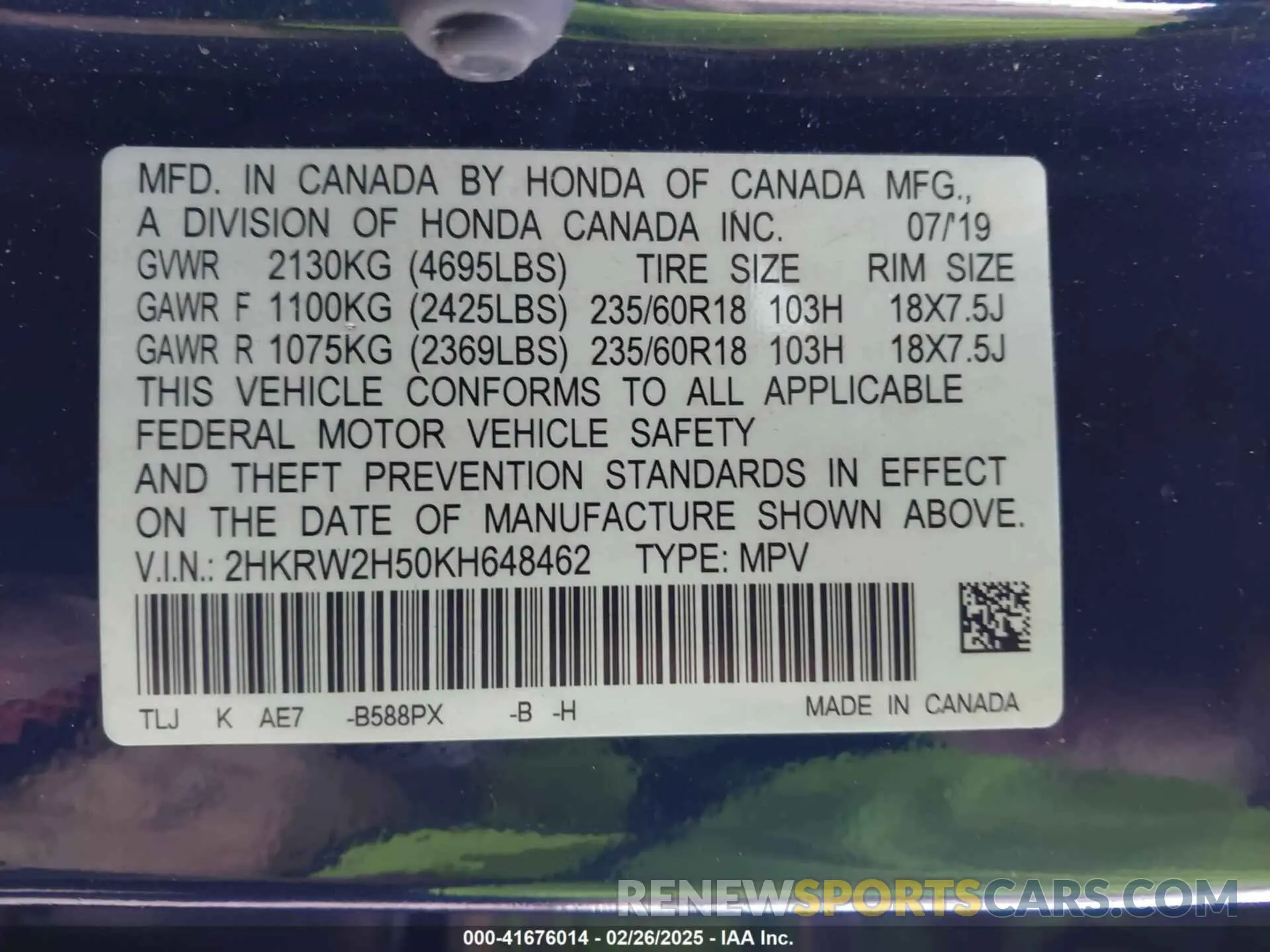 9 Photograph of a damaged car 2HKRW2H50KH648462 HONDA CR-V 2019