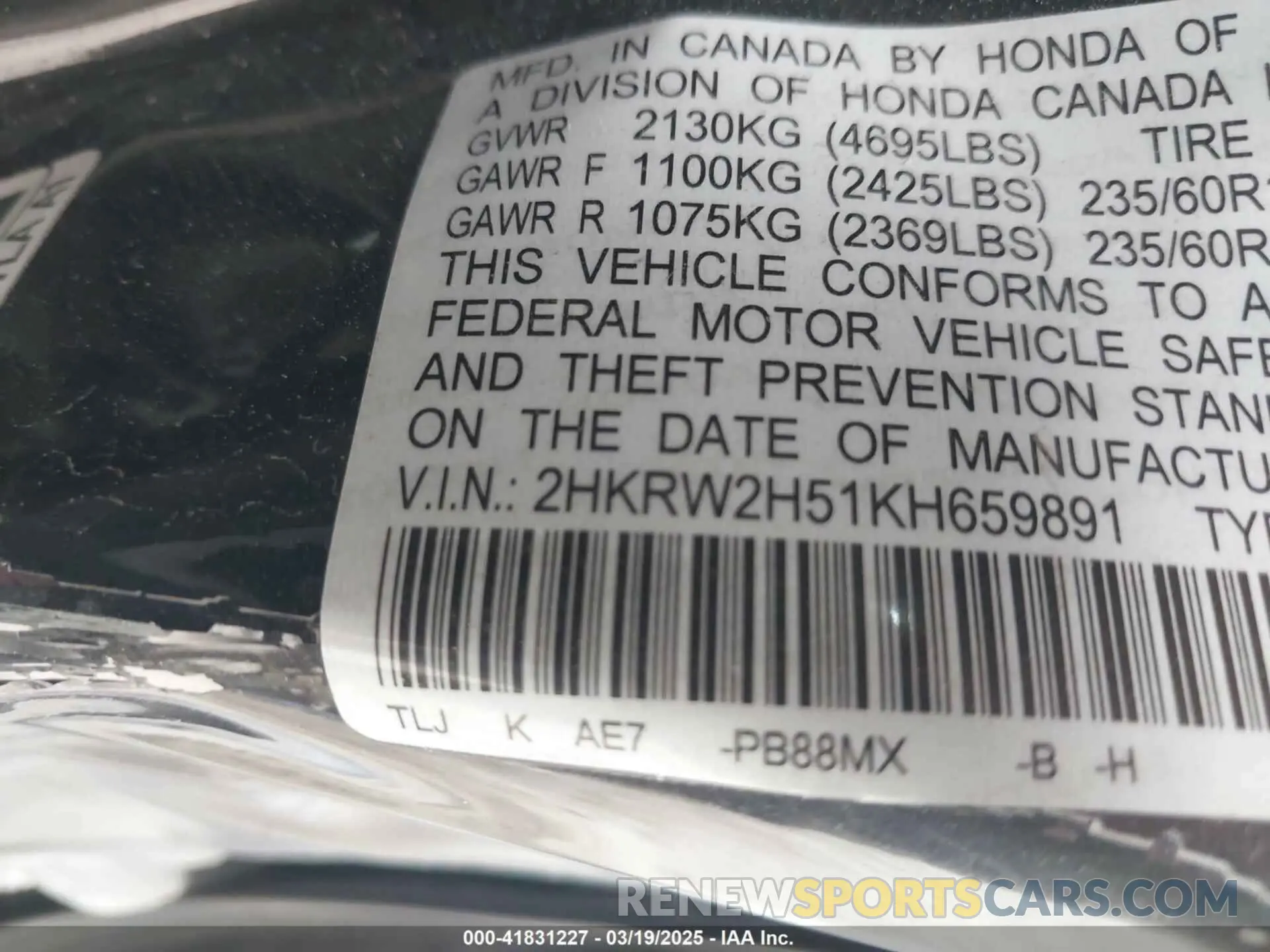 9 Photograph of a damaged car 2HKRW2H51KH659891 HONDA CR-V 2019