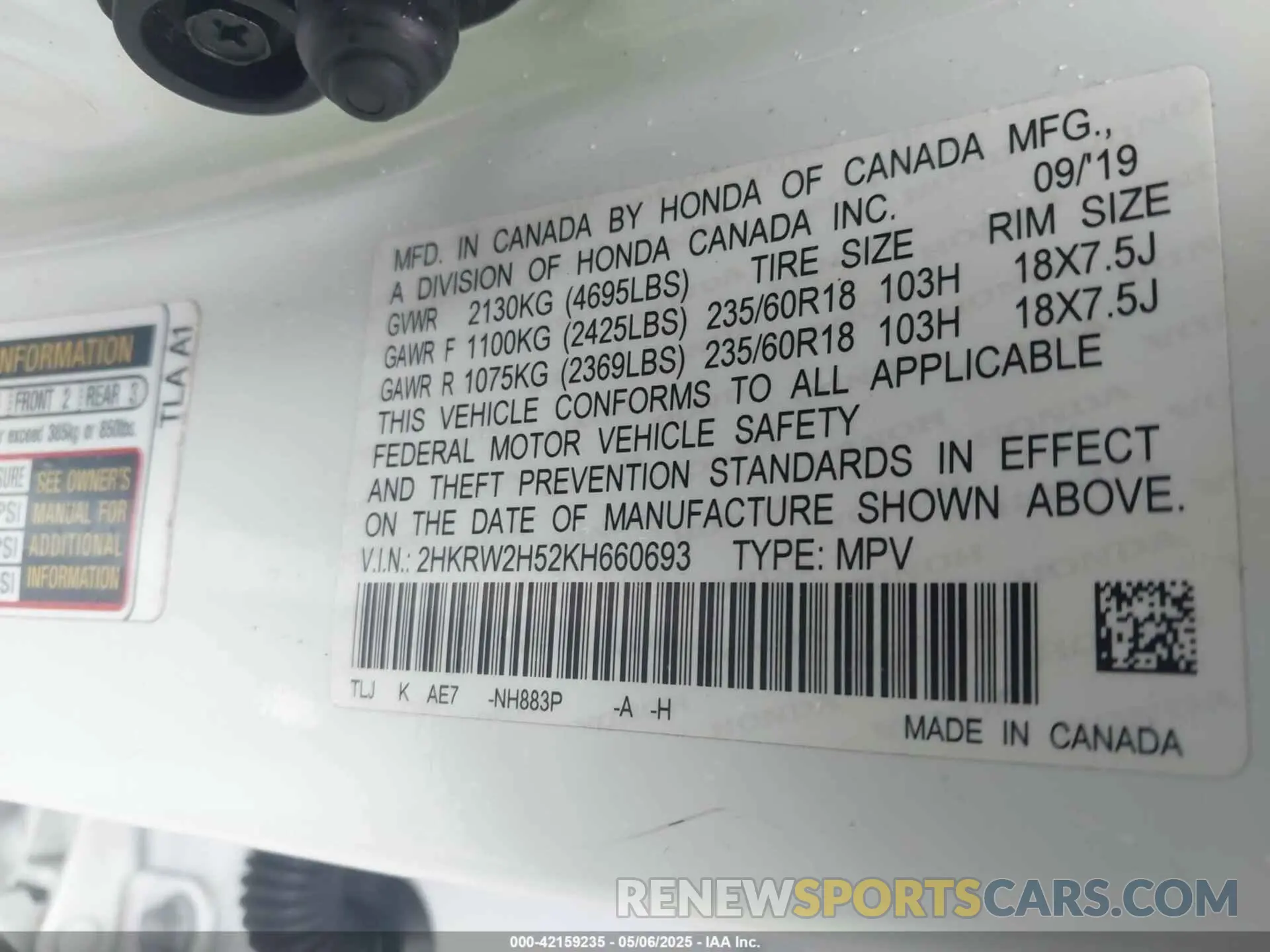 9 Photograph of a damaged car 2HKRW2H52KH660693 HONDA CR-V 2019
