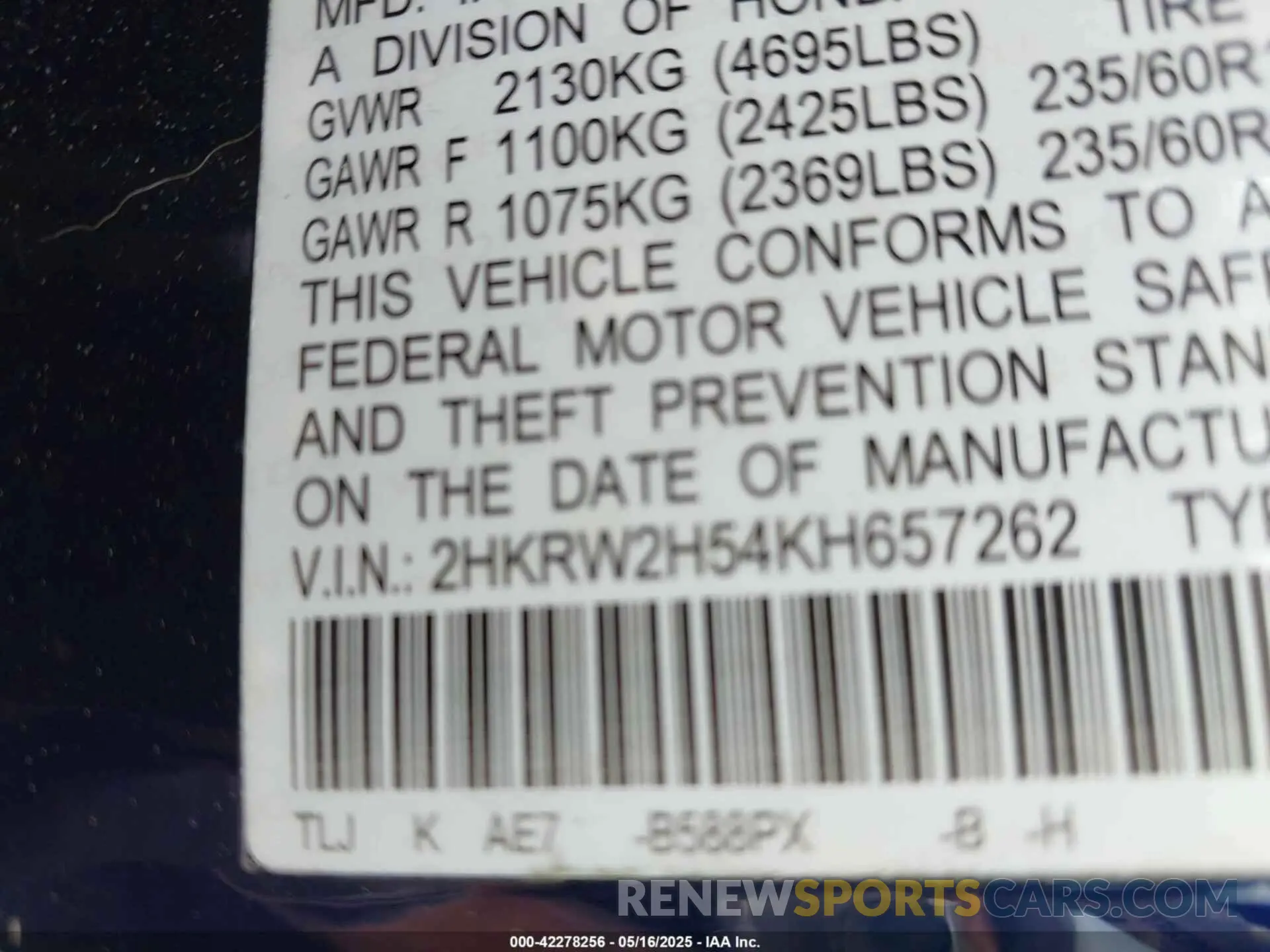 9 Photograph of a damaged car 2HKRW2H54KH657262 HONDA CR-V 2019