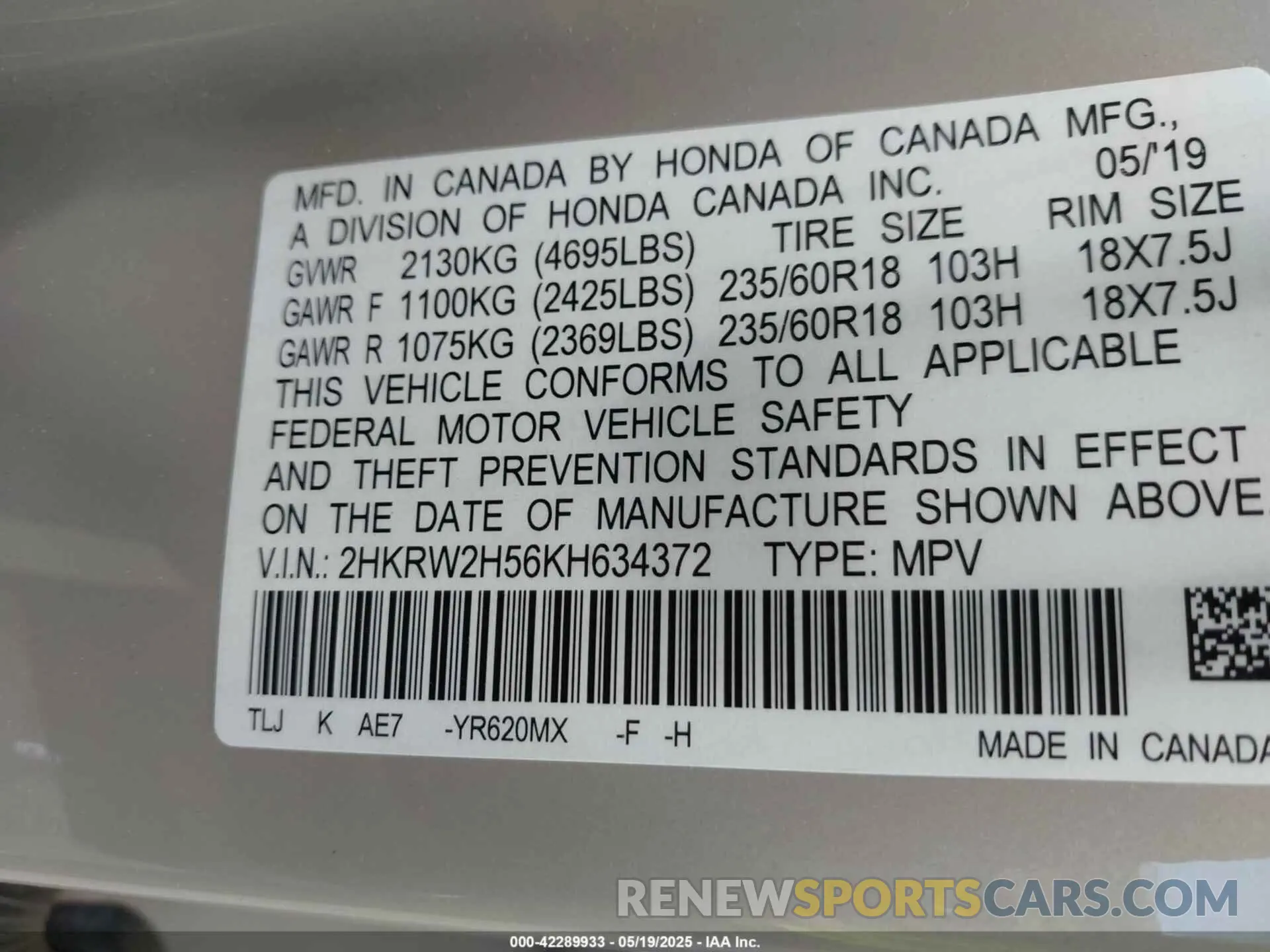 9 Photograph of a damaged car 2HKRW2H56KH634372 HONDA CR-V 2019