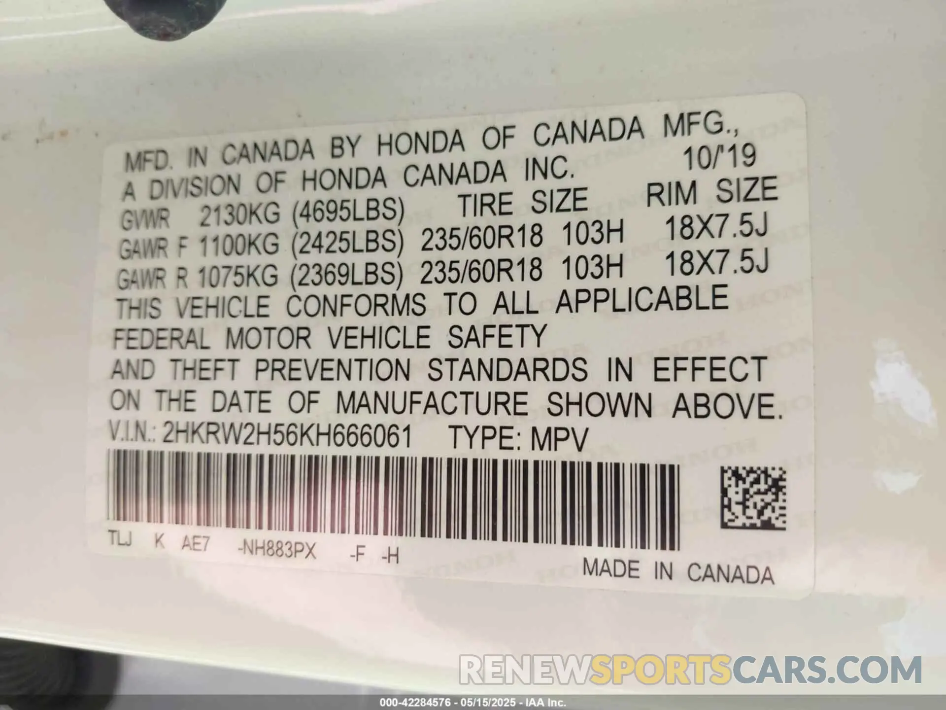 9 Photograph of a damaged car 2HKRW2H56KH666061 HONDA CR-V 2019