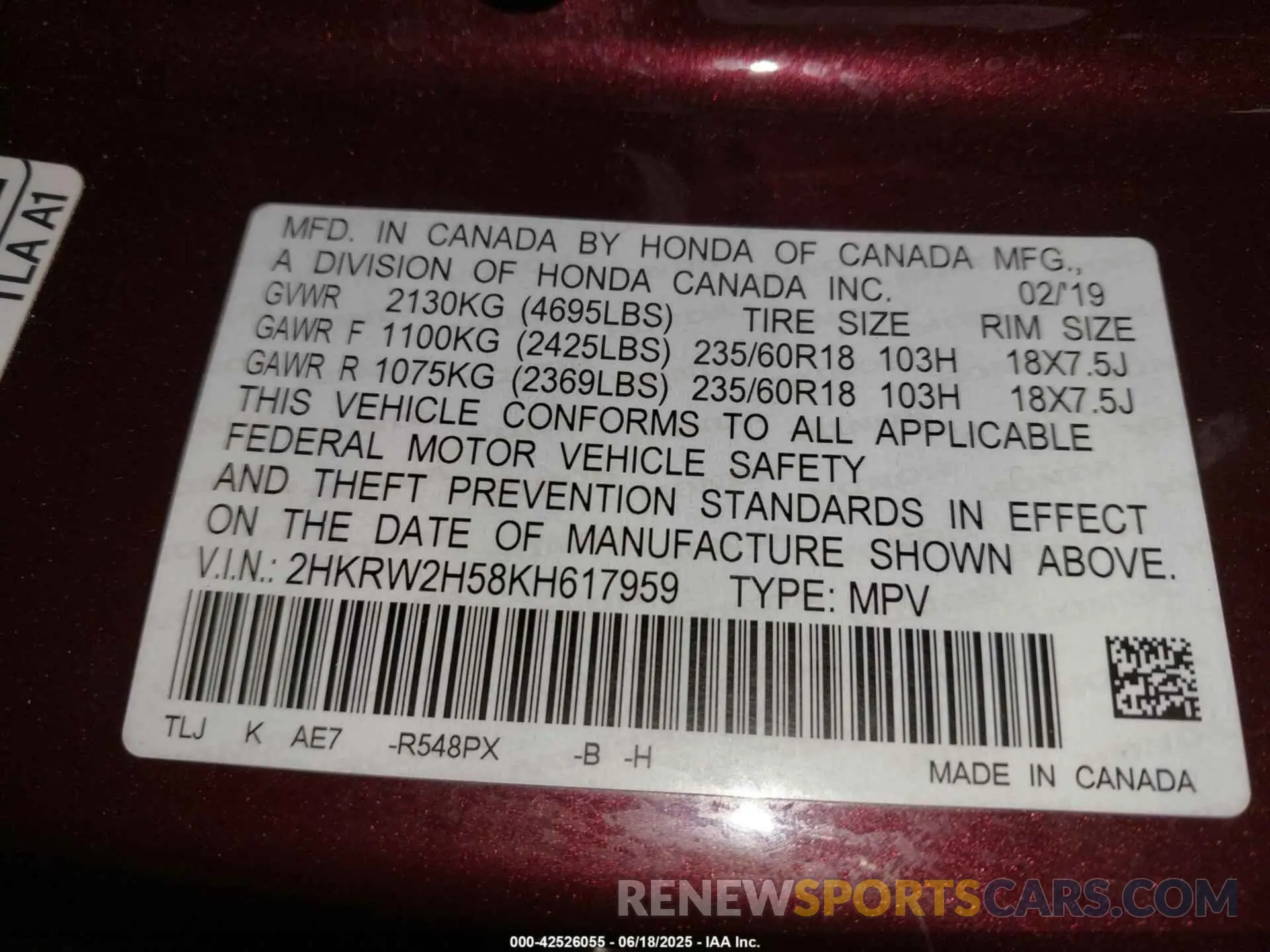 9 Photograph of a damaged car 2HKRW2H58KH617959 HONDA CR-V 2019