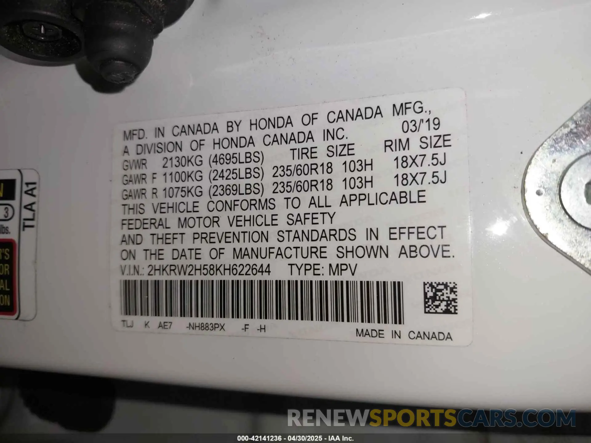 9 Photograph of a damaged car 2HKRW2H58KH622644 HONDA CR-V 2019