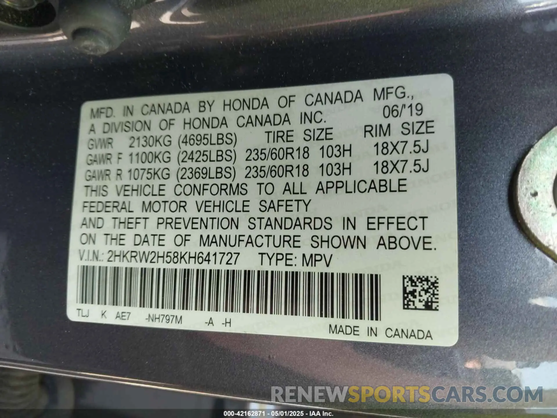9 Photograph of a damaged car 2HKRW2H58KH641727 HONDA CR-V 2019