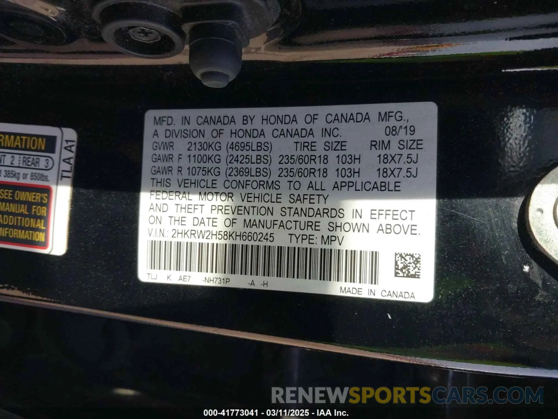 9 Photograph of a damaged car 2HKRW2H58KH660245 HONDA CR-V 2019