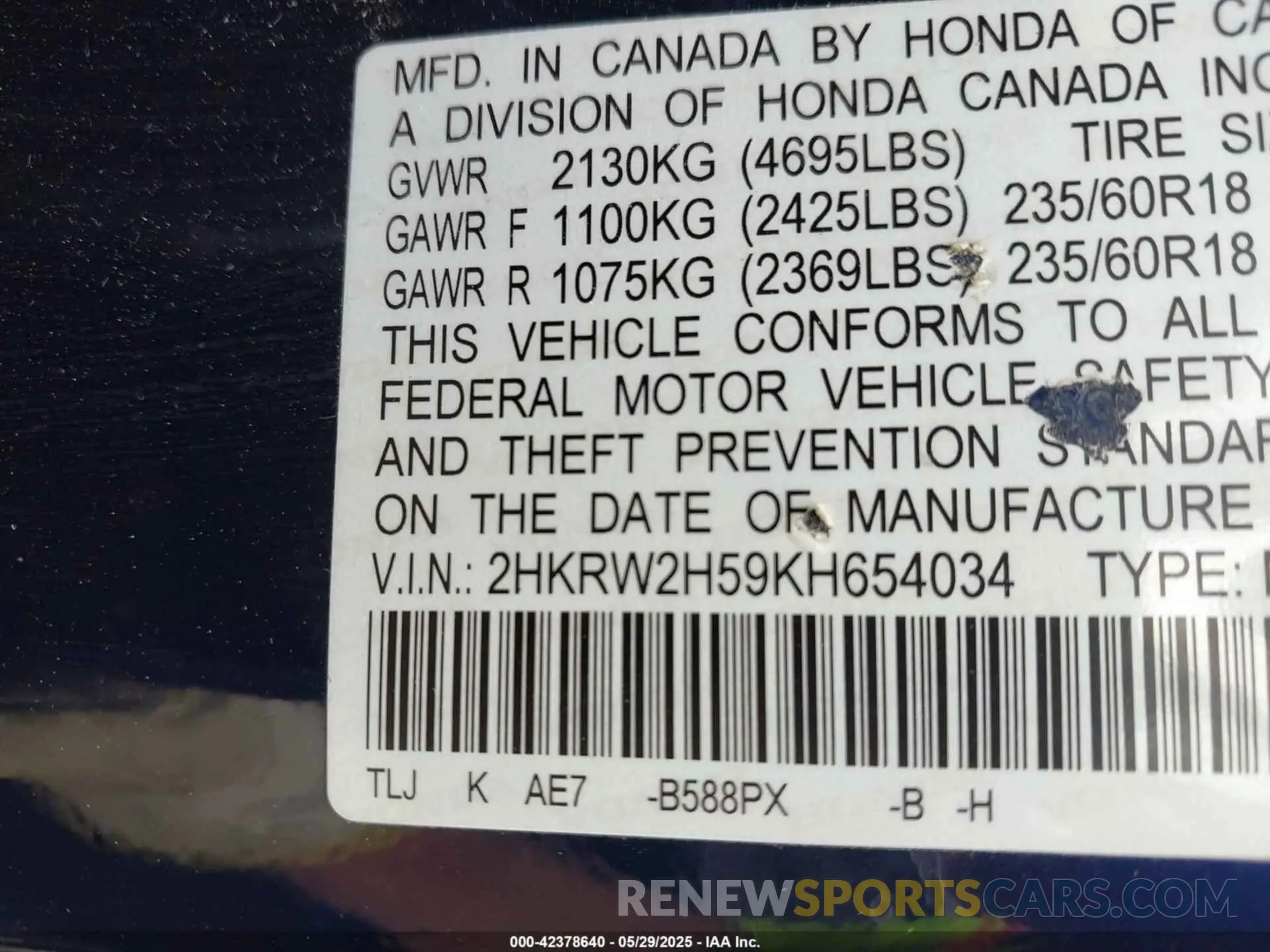 9 Photograph of a damaged car 2HKRW2H59KH654034 HONDA CR-V 2019