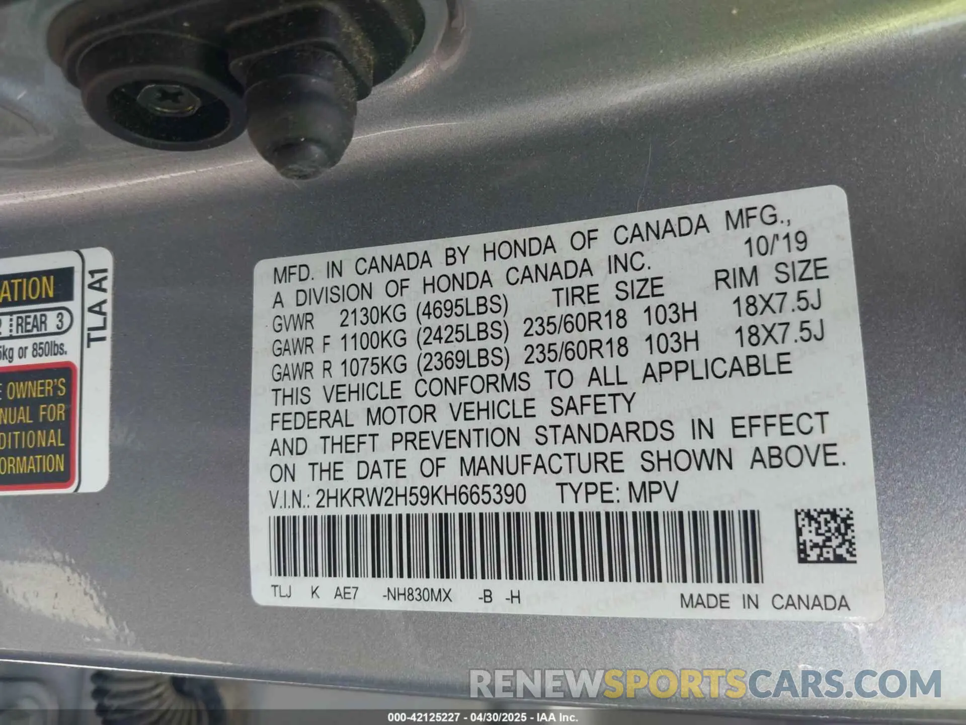 9 Photograph of a damaged car 2HKRW2H59KH665390 HONDA CR-V 2019