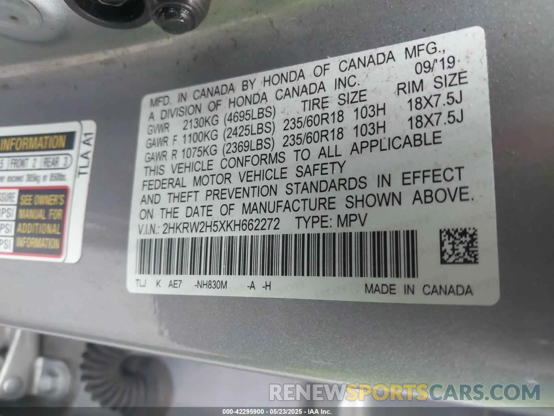 9 Photograph of a damaged car 2HKRW2H5XKH662272 HONDA CR-V 2019