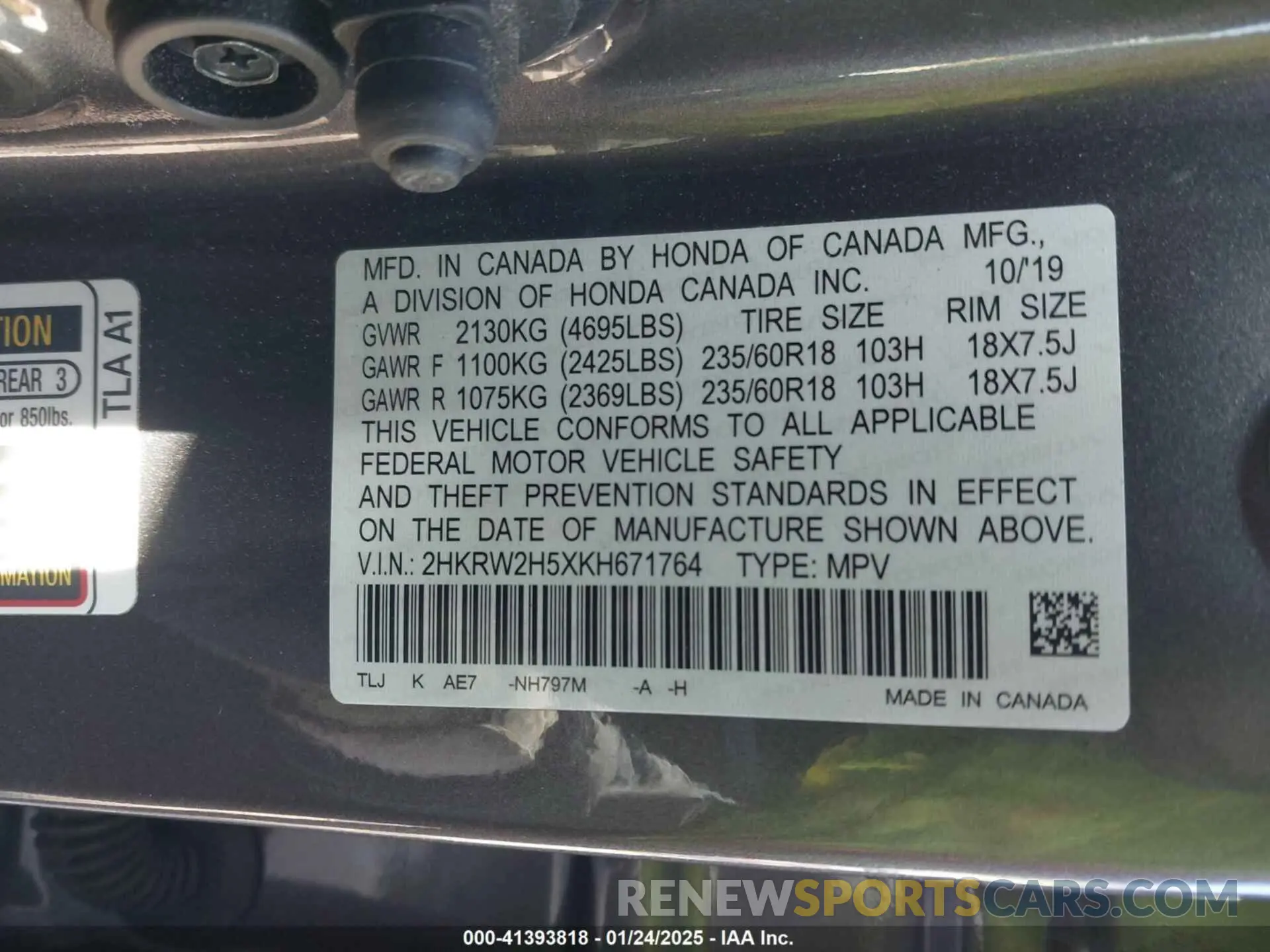 9 Photograph of a damaged car 2HKRW2H5XKH671764 HONDA CR-V 2019