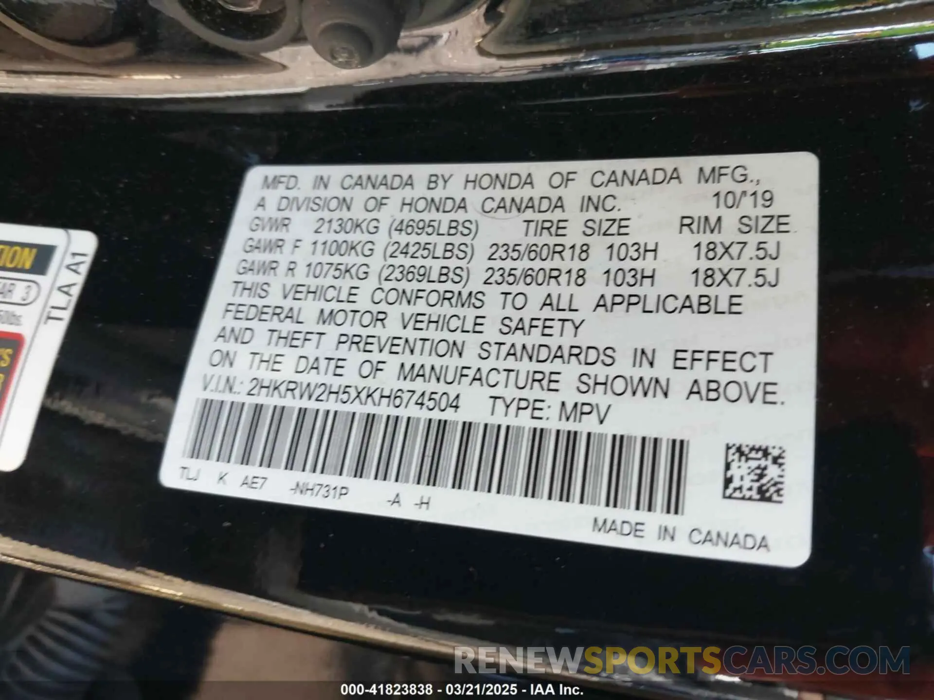 8 Photograph of a damaged car 2HKRW2H5XKH674504 HONDA CR-V 2019