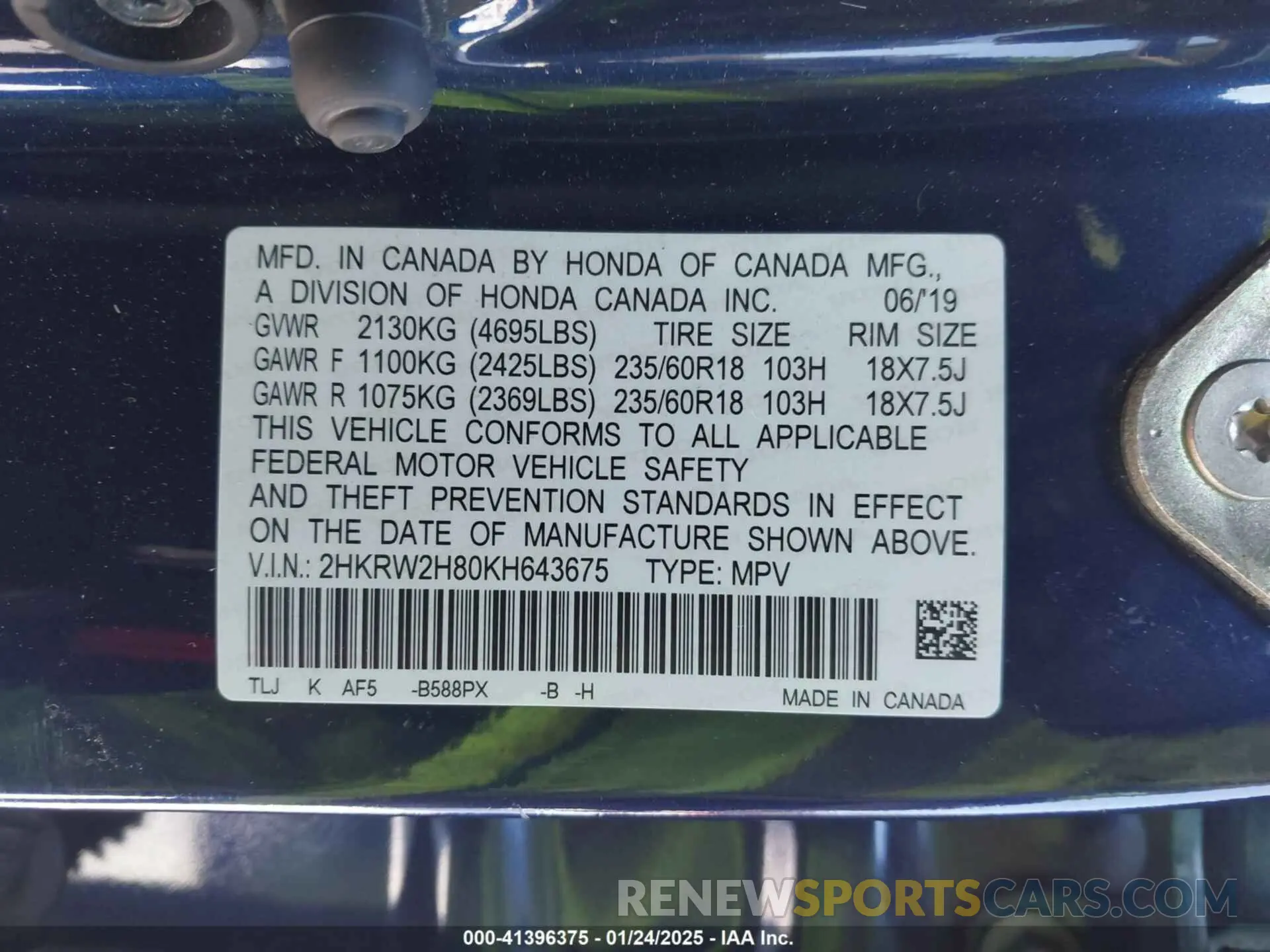 9 Photograph of a damaged car 2HKRW2H80KH643675 HONDA CR-V 2019