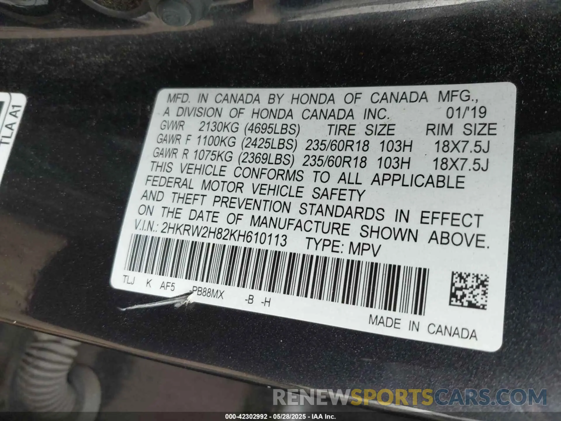 9 Photograph of a damaged car 2HKRW2H82KH610113 HONDA CR-V 2019