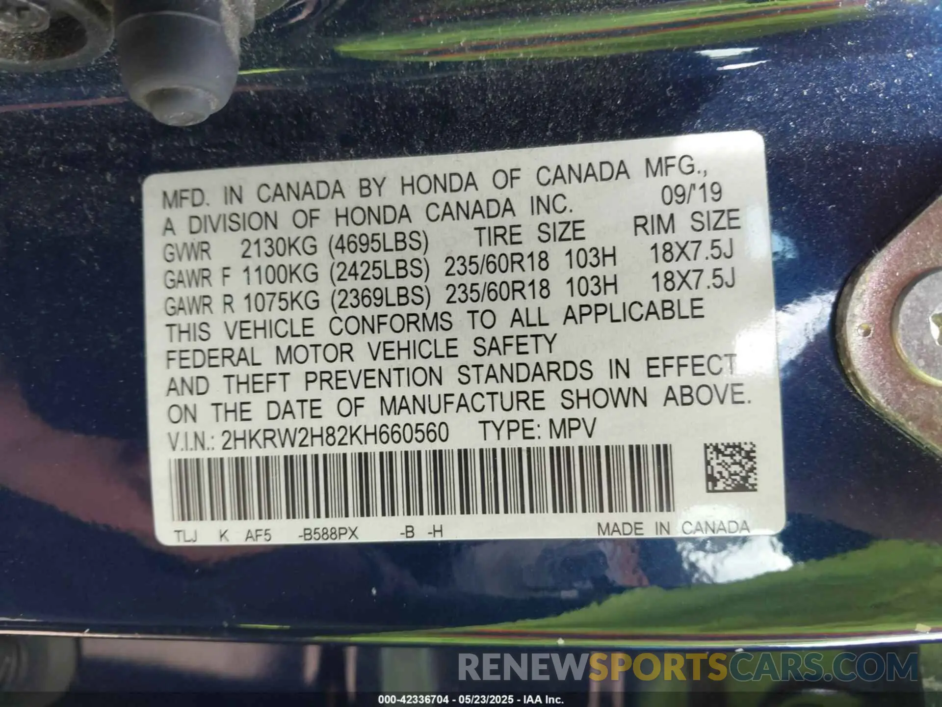 9 Photograph of a damaged car 2HKRW2H82KH660560 HONDA CR-V 2019