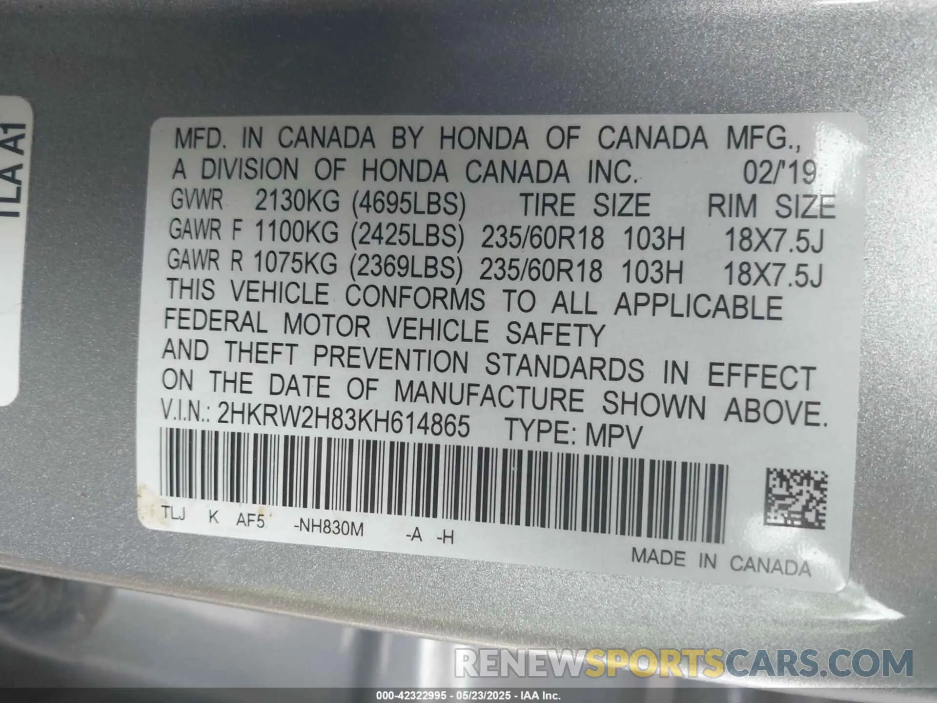 9 Photograph of a damaged car 2HKRW2H83KH614865 HONDA CR-V 2019