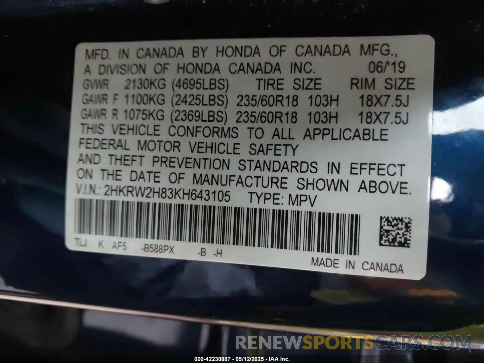 9 Photograph of a damaged car 2HKRW2H83KH643105 HONDA CR-V 2019