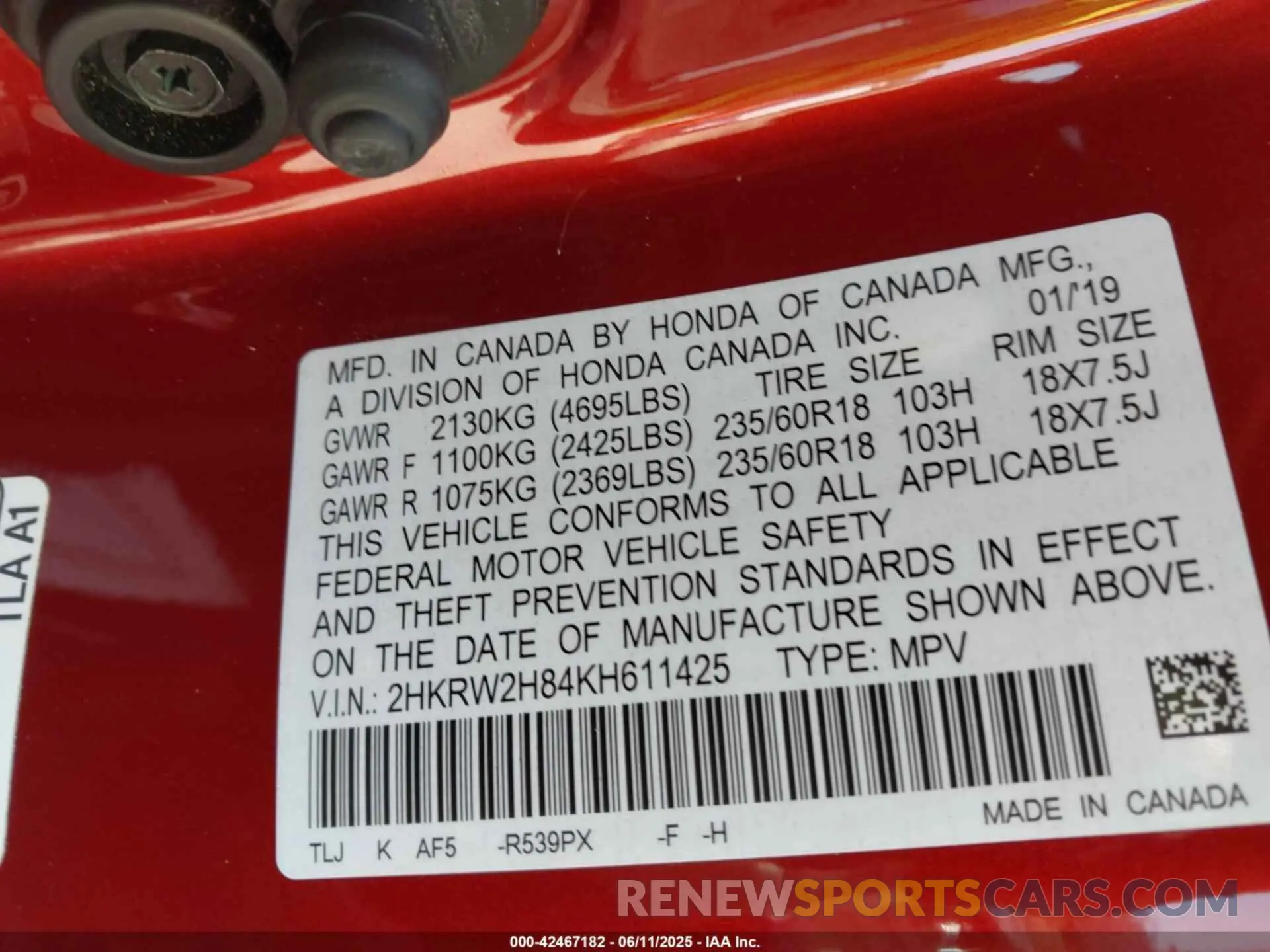 9 Photograph of a damaged car 2HKRW2H84KH611425 HONDA CR-V 2019