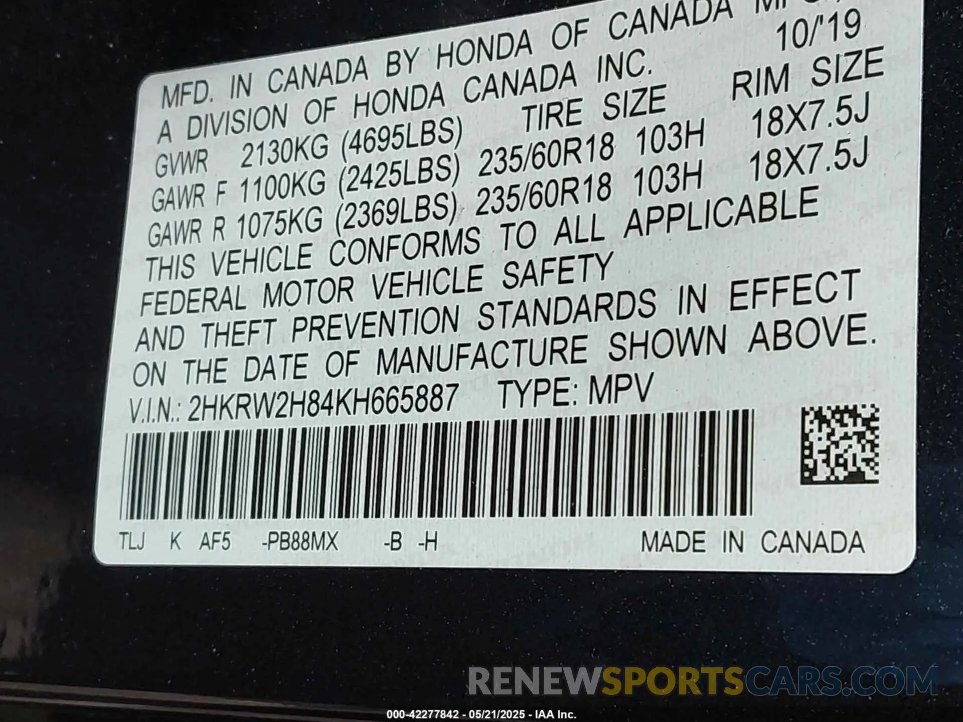 9 Photograph of a damaged car 2HKRW2H84KH665887 HONDA CR-V 2019