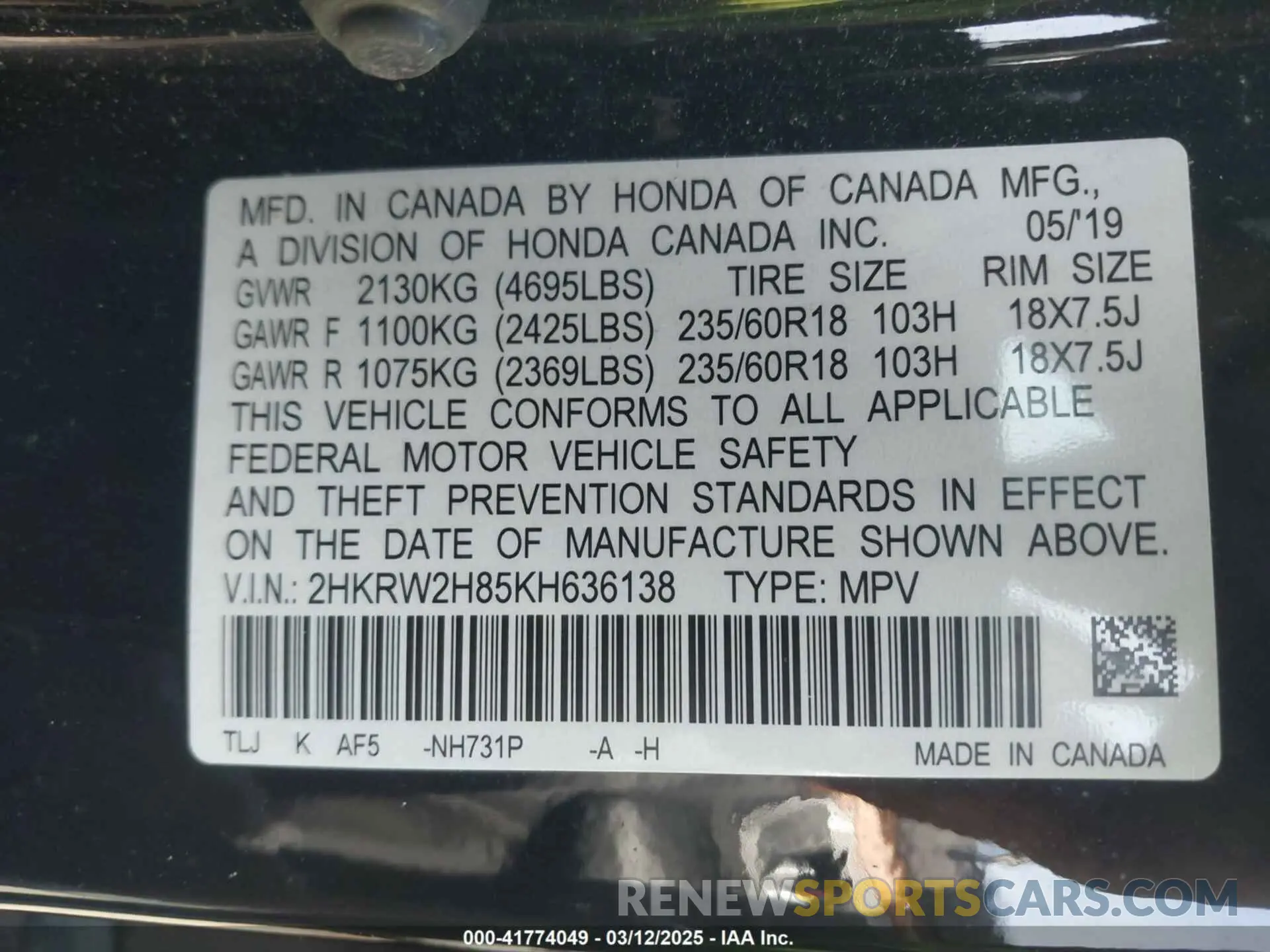 9 Photograph of a damaged car 2HKRW2H85KH636138 HONDA CR-V 2019