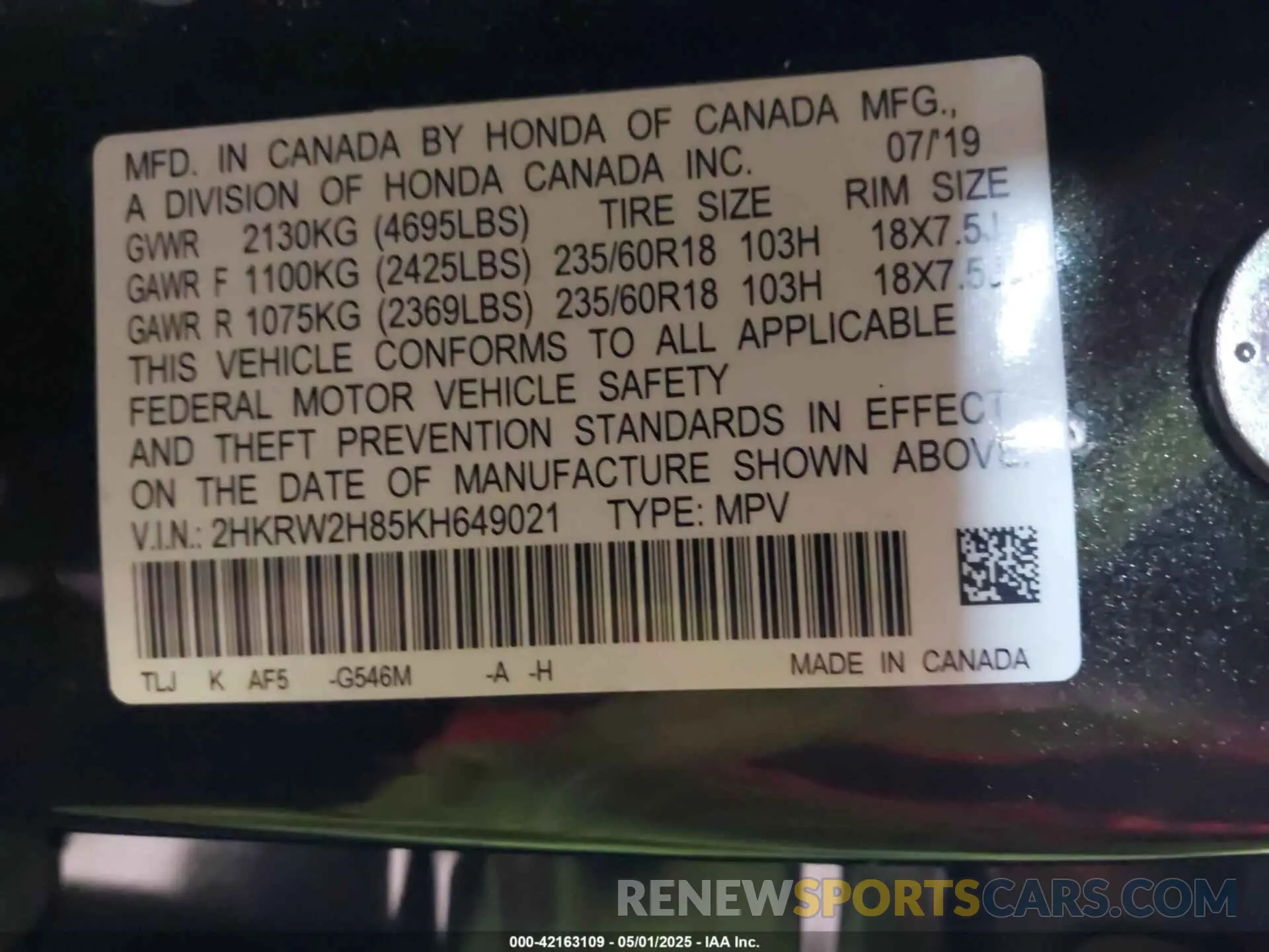 9 Photograph of a damaged car 2HKRW2H85KH649021 HONDA CR-V 2019