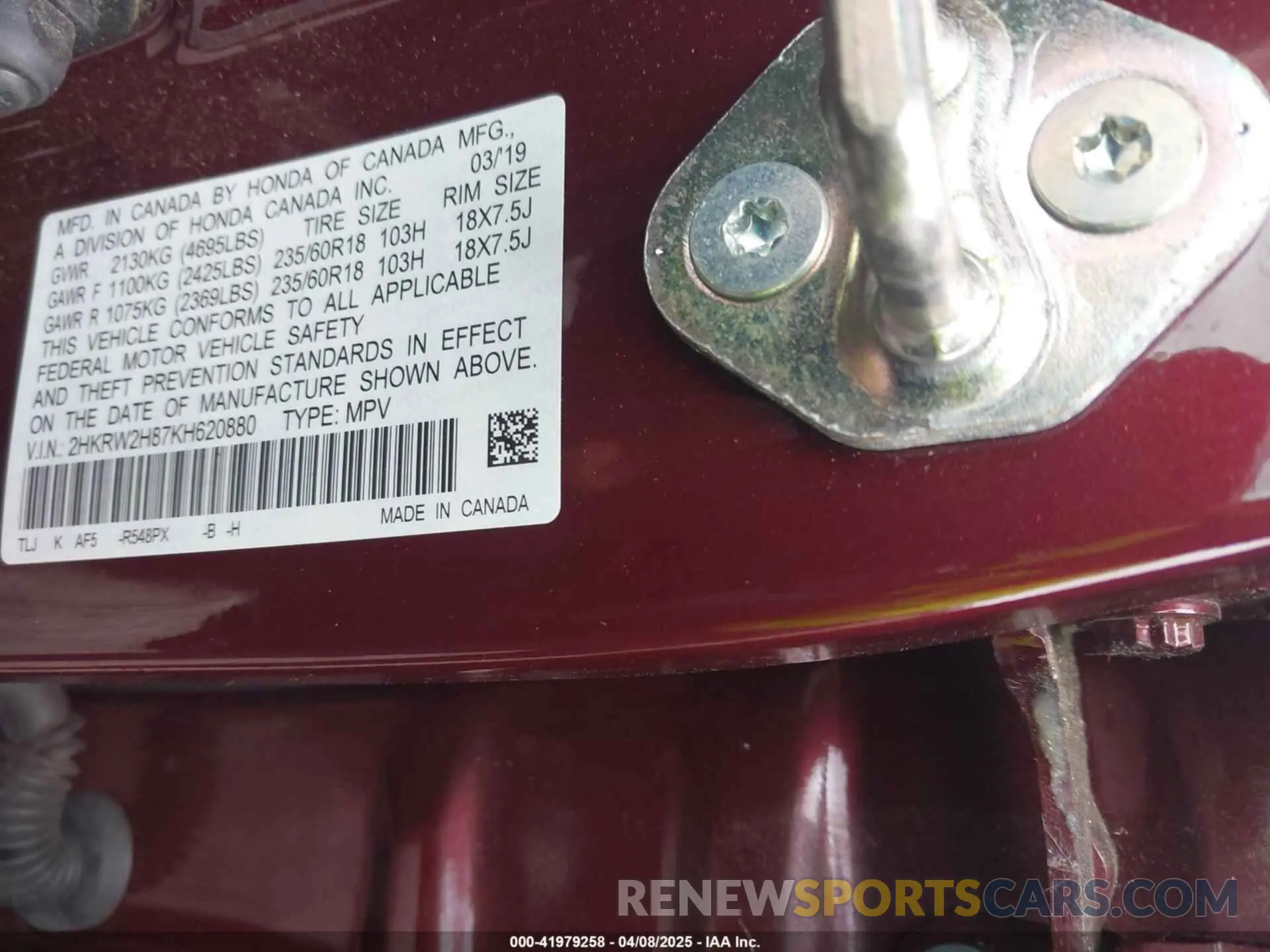 9 Photograph of a damaged car 2HKRW2H87KH620880 HONDA CR-V 2019