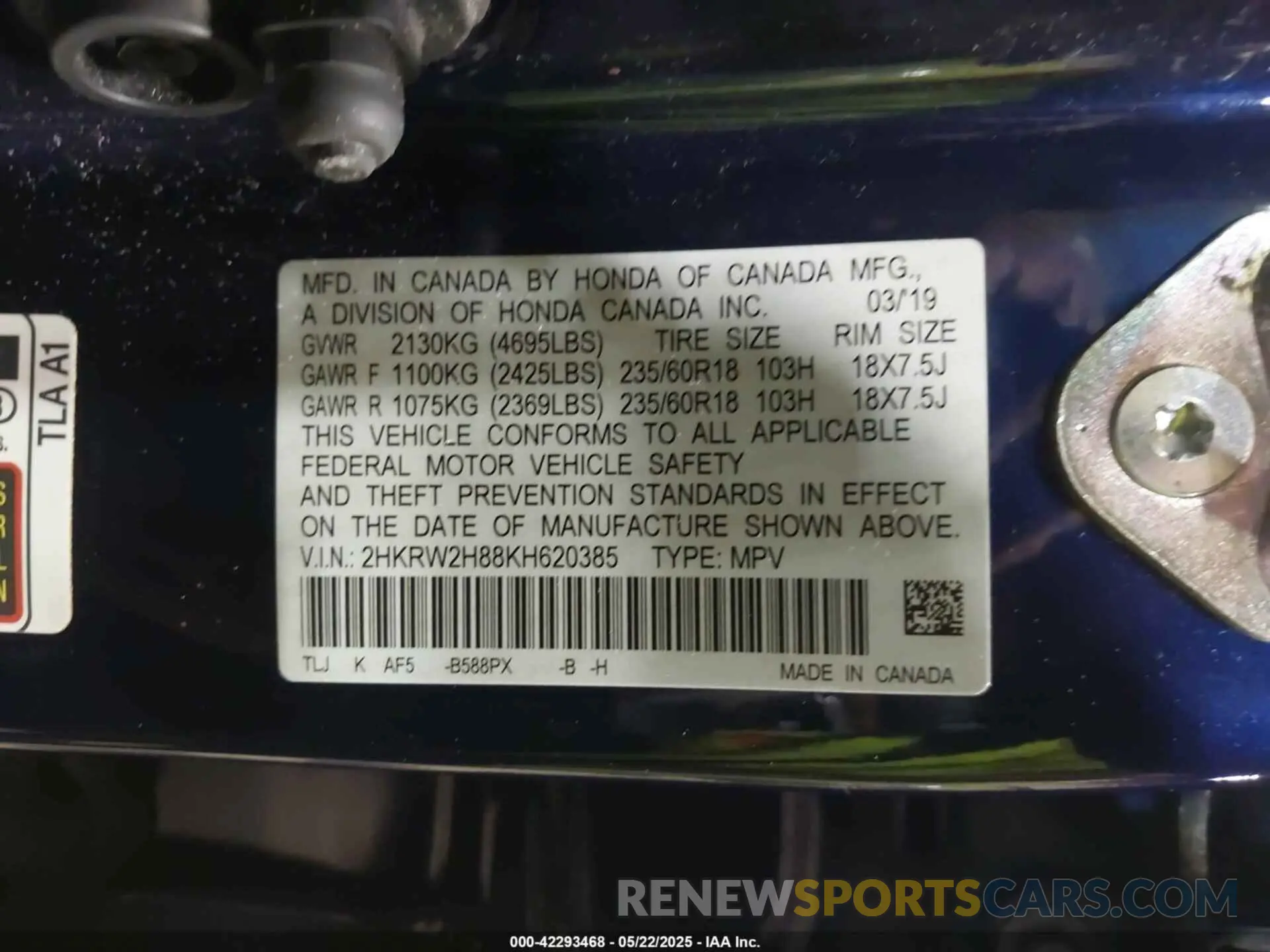 9 Photograph of a damaged car 2HKRW2H88KH620385 HONDA CR-V 2019