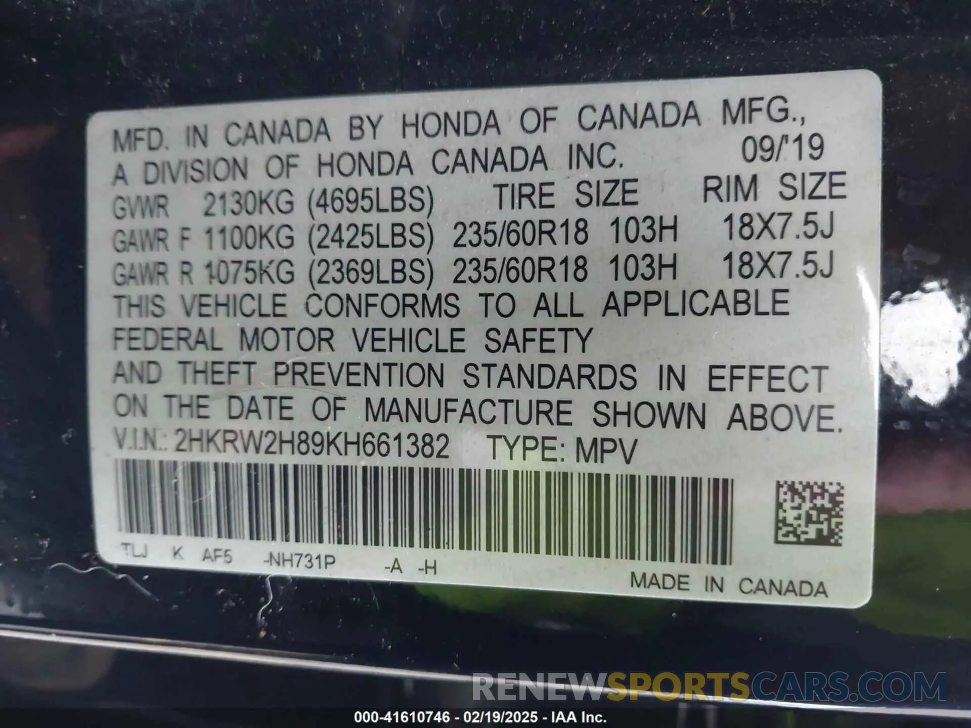 9 Photograph of a damaged car 2HKRW2H89KH661382 HONDA CR-V 2019