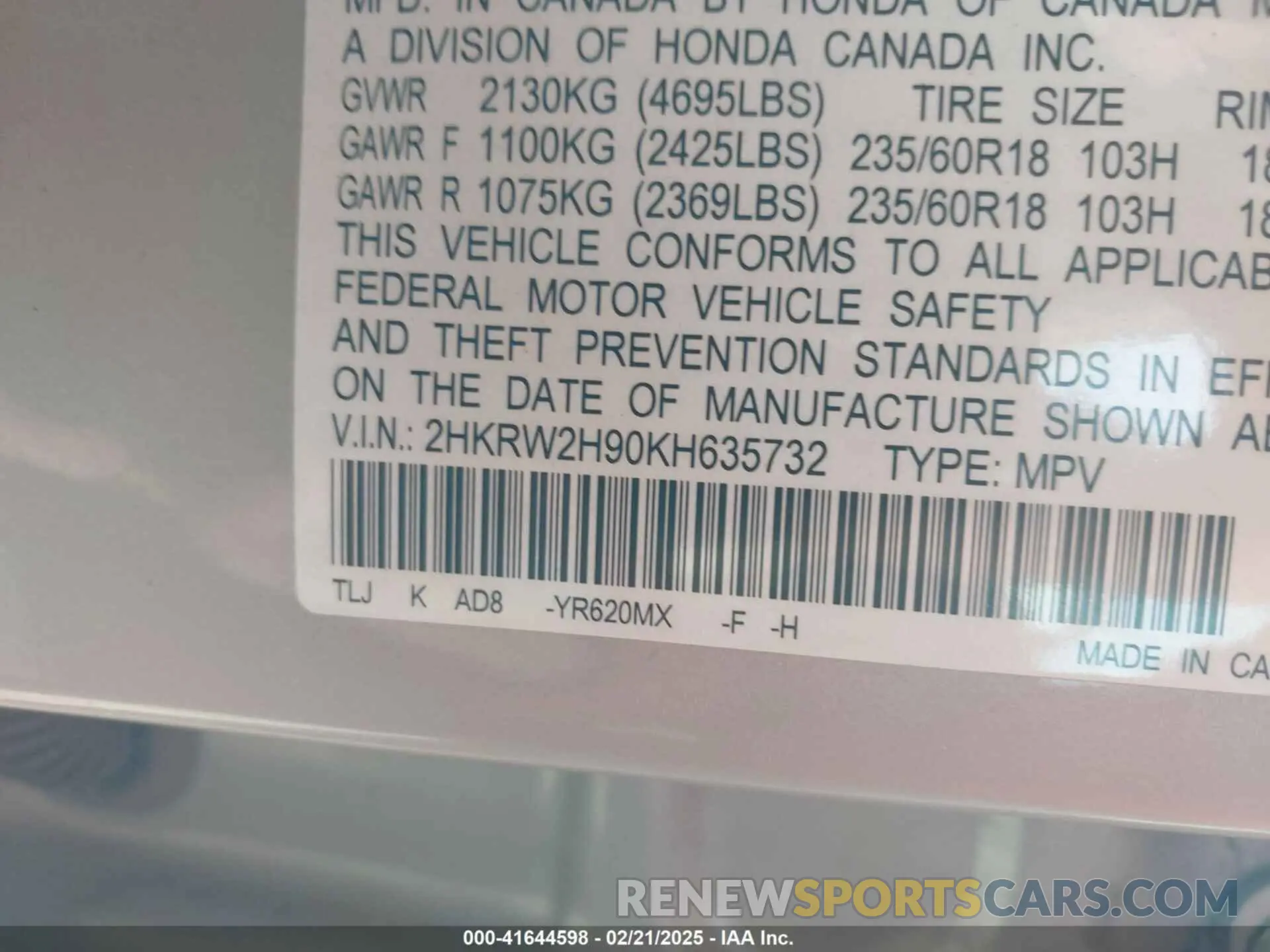 9 Photograph of a damaged car 2HKRW2H90KH635732 HONDA CR-V 2019