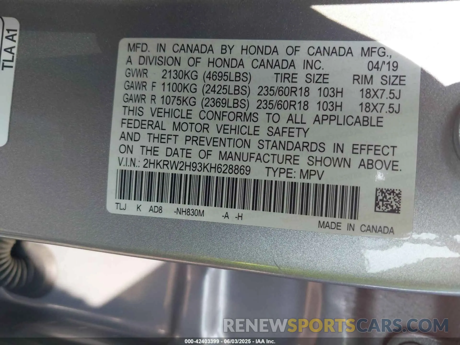 9 Photograph of a damaged car 2HKRW2H93KH628869 HONDA CR-V 2019