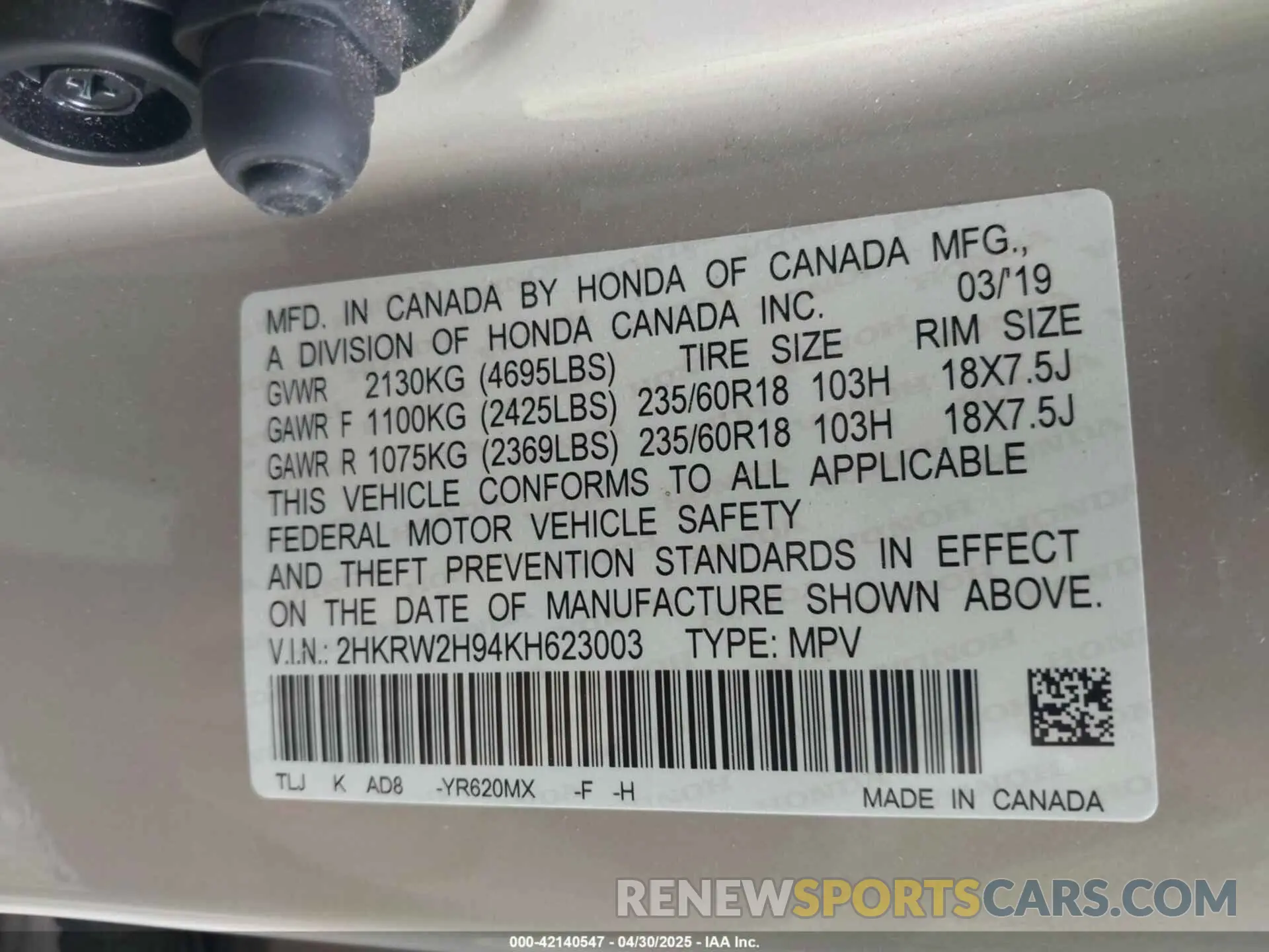 9 Photograph of a damaged car 2HKRW2H94KH623003 HONDA CR-V 2019