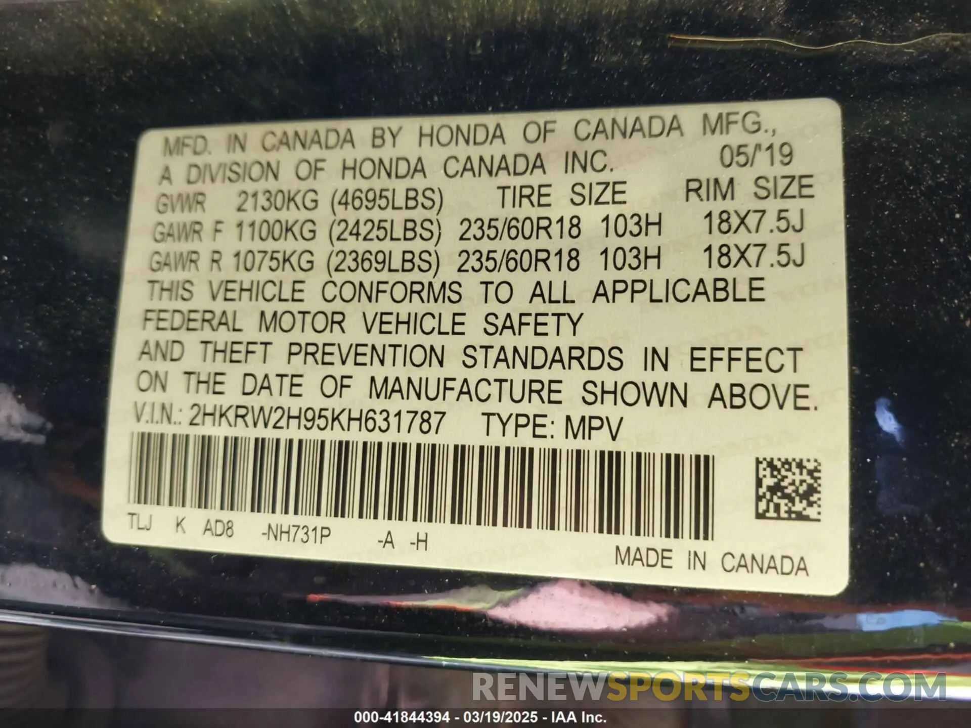 9 Photograph of a damaged car 2HKRW2H95KH631787 HONDA CR-V 2019