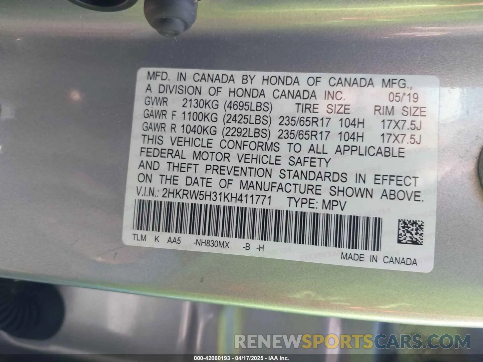 9 Photograph of a damaged car 2HKRW5H31KH411771 HONDA CR-V 2019