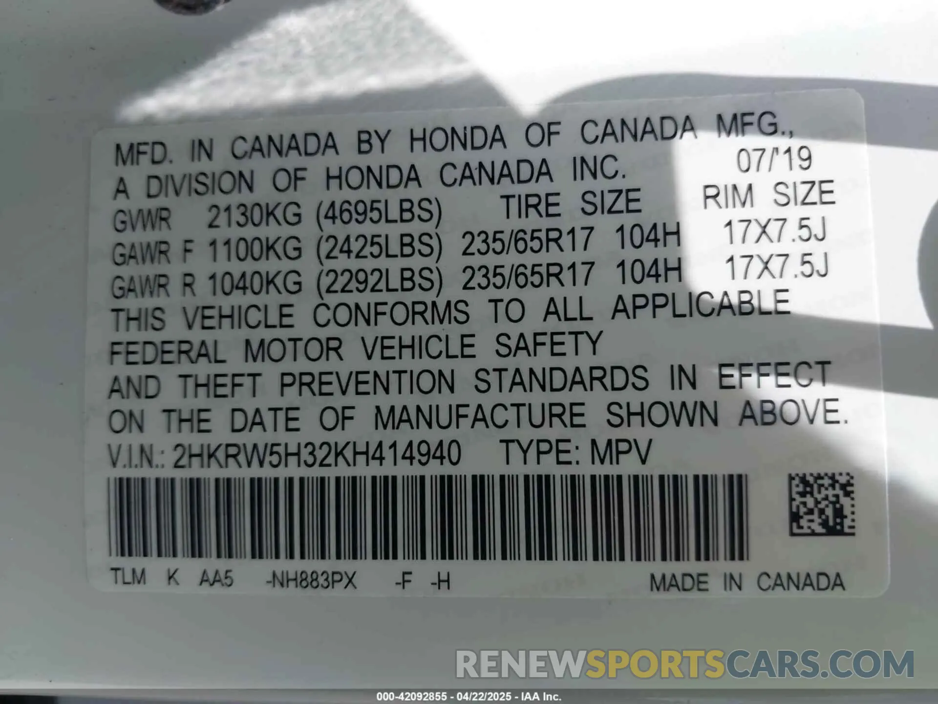 9 Photograph of a damaged car 2HKRW5H32KH414940 HONDA CR-V 2019