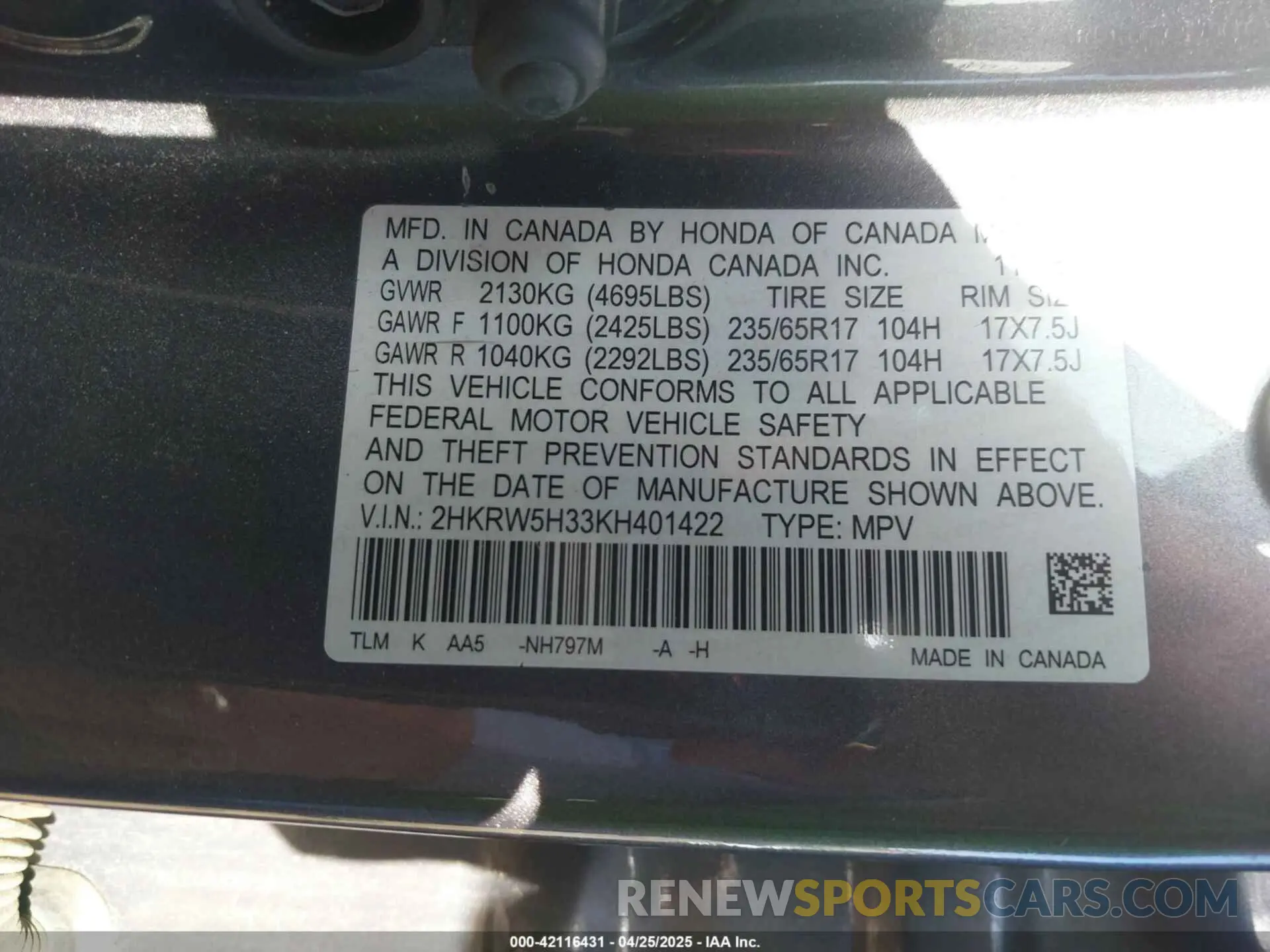 9 Photograph of a damaged car 2HKRW5H33KH401422 HONDA CR-V 2019