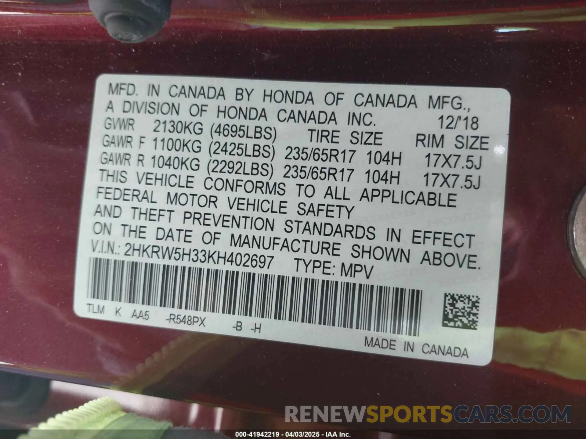 9 Photograph of a damaged car 2HKRW5H33KH402697 HONDA CR-V 2019
