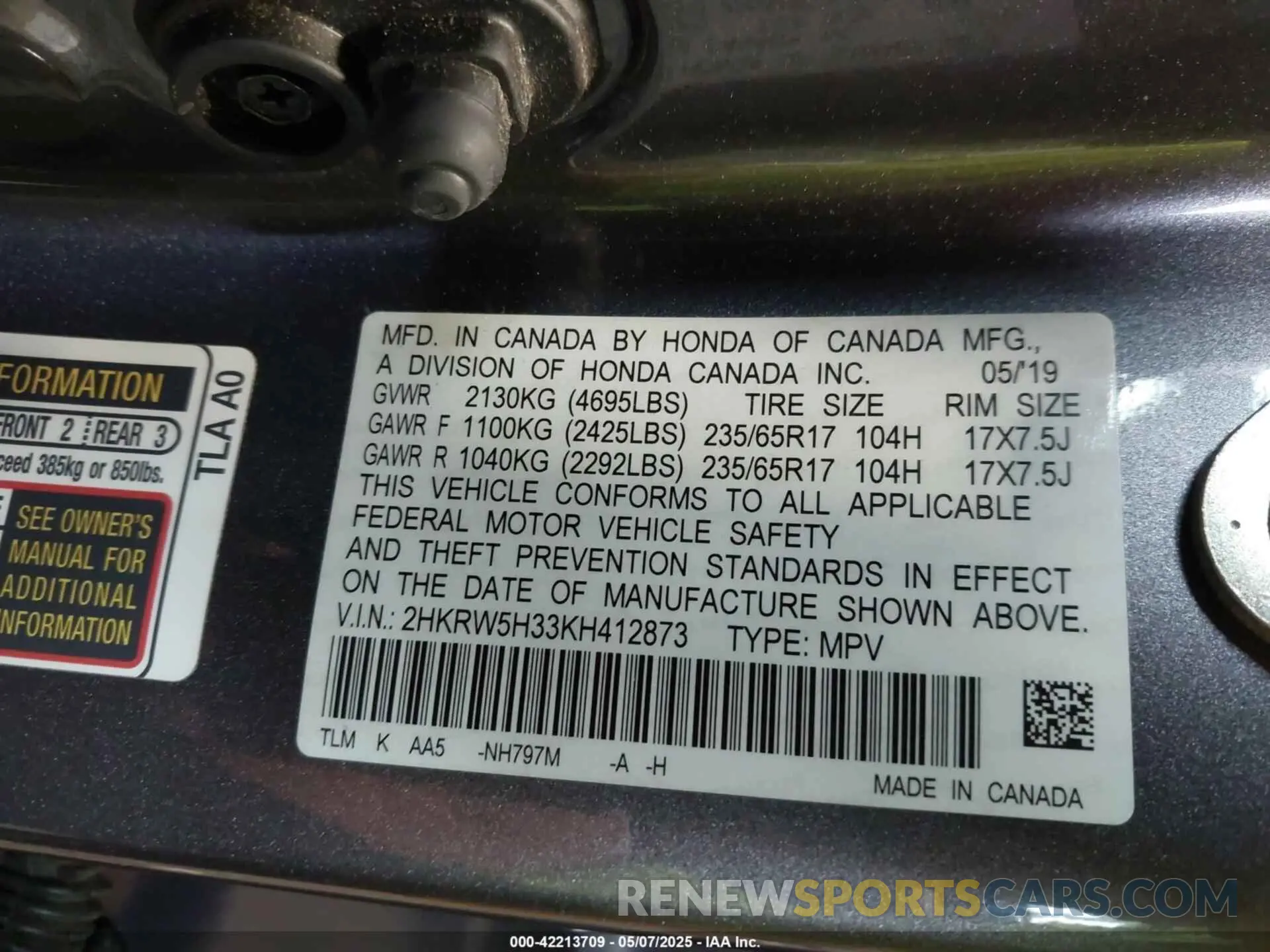 9 Photograph of a damaged car 2HKRW5H33KH412873 HONDA CR-V 2019
