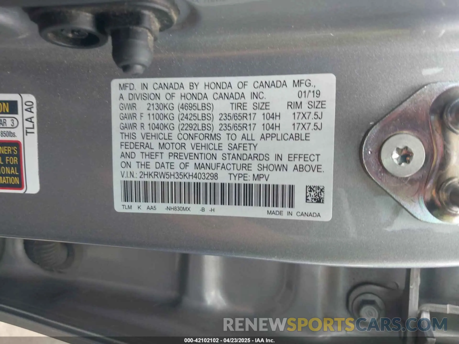 9 Photograph of a damaged car 2HKRW5H35KH403298 HONDA CR-V 2019