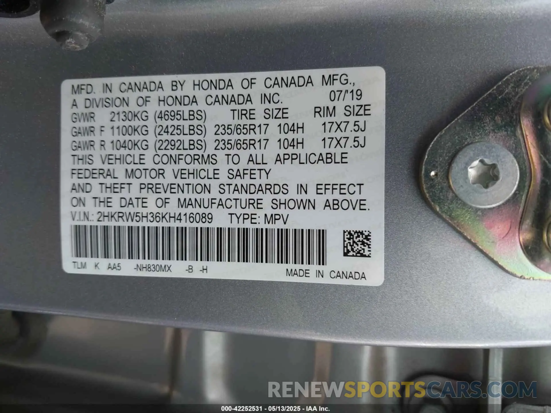 9 Photograph of a damaged car 2HKRW5H36KH416089 HONDA CR-V 2019