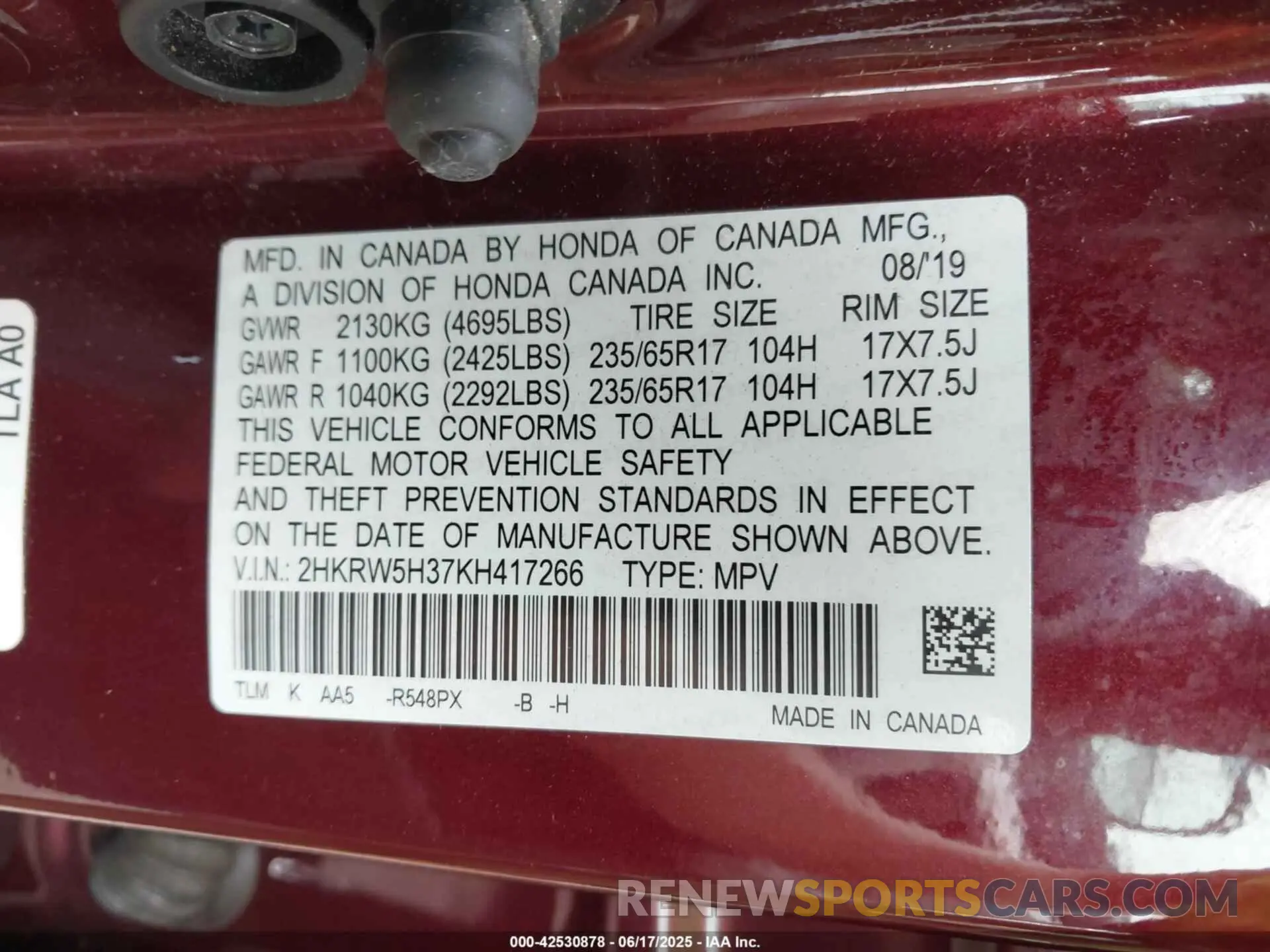 9 Photograph of a damaged car 2HKRW5H37KH417266 HONDA CR-V 2019