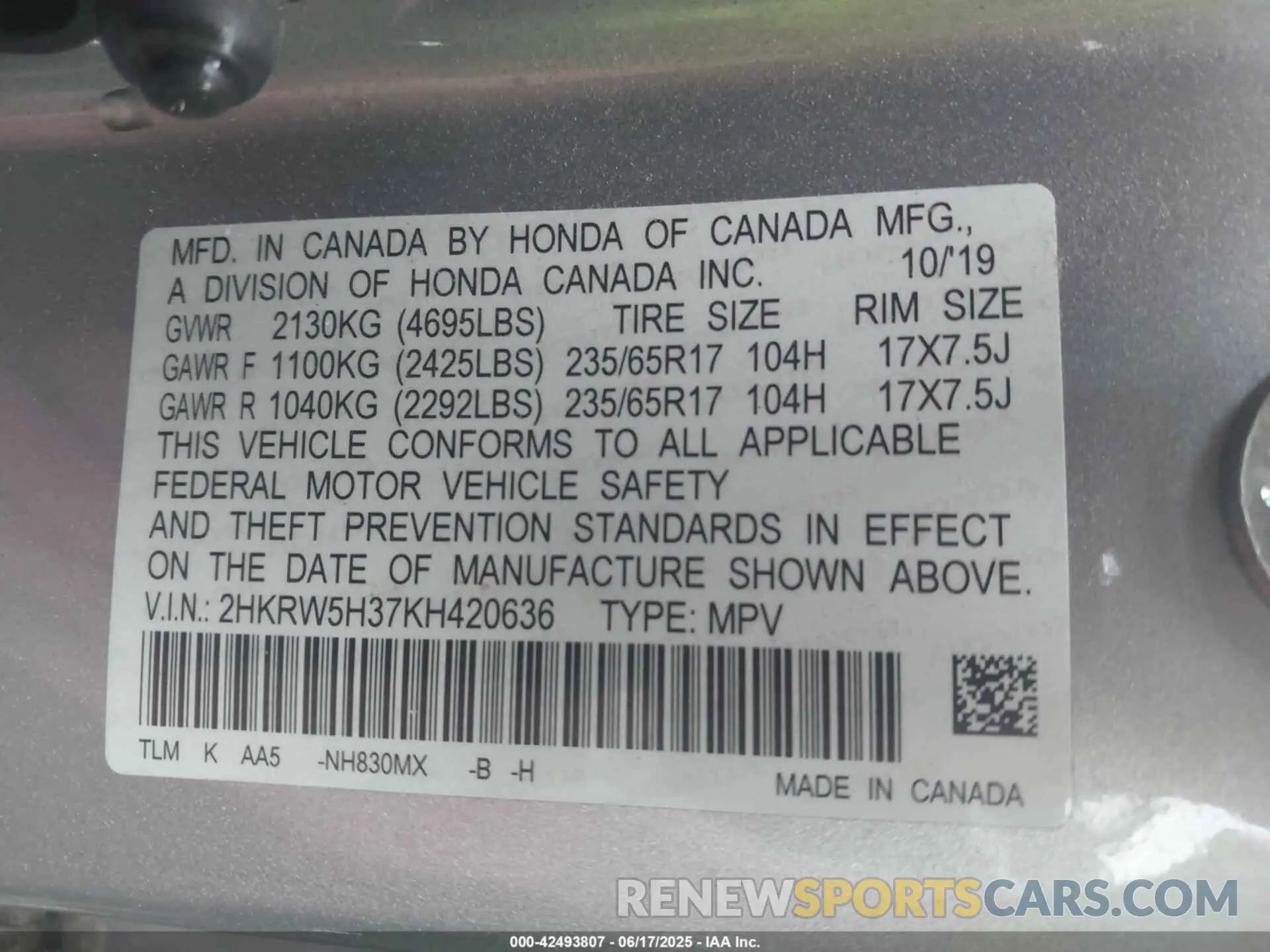 9 Photograph of a damaged car 2HKRW5H37KH420636 HONDA CR-V 2019